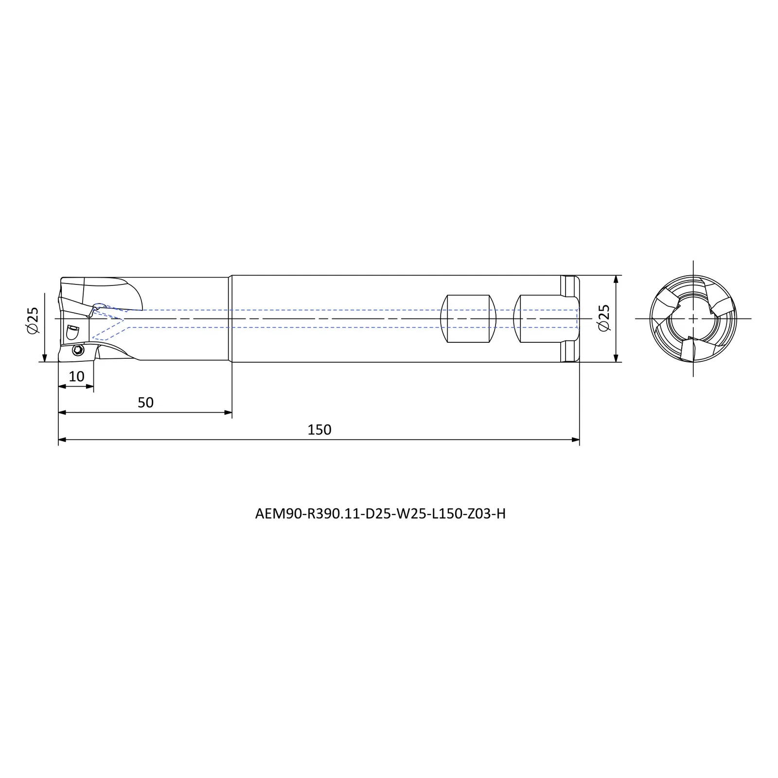 AEM90-R390.11-D25-W25-L150-Z03-H &mdash; dimensioned drawing