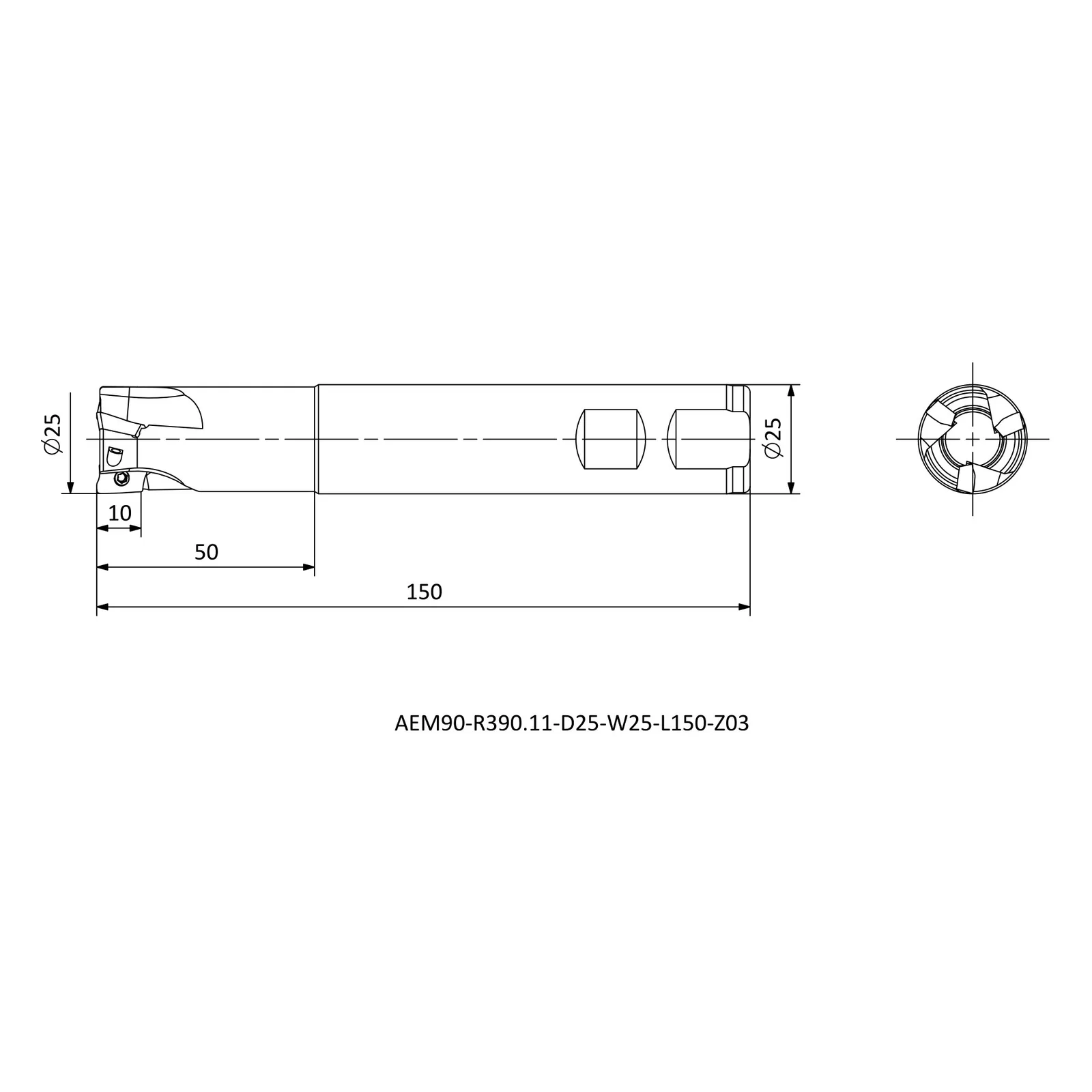 AEM90-R390.11-D25-W25-L150-Z03 &mdash; dimensioned drawing