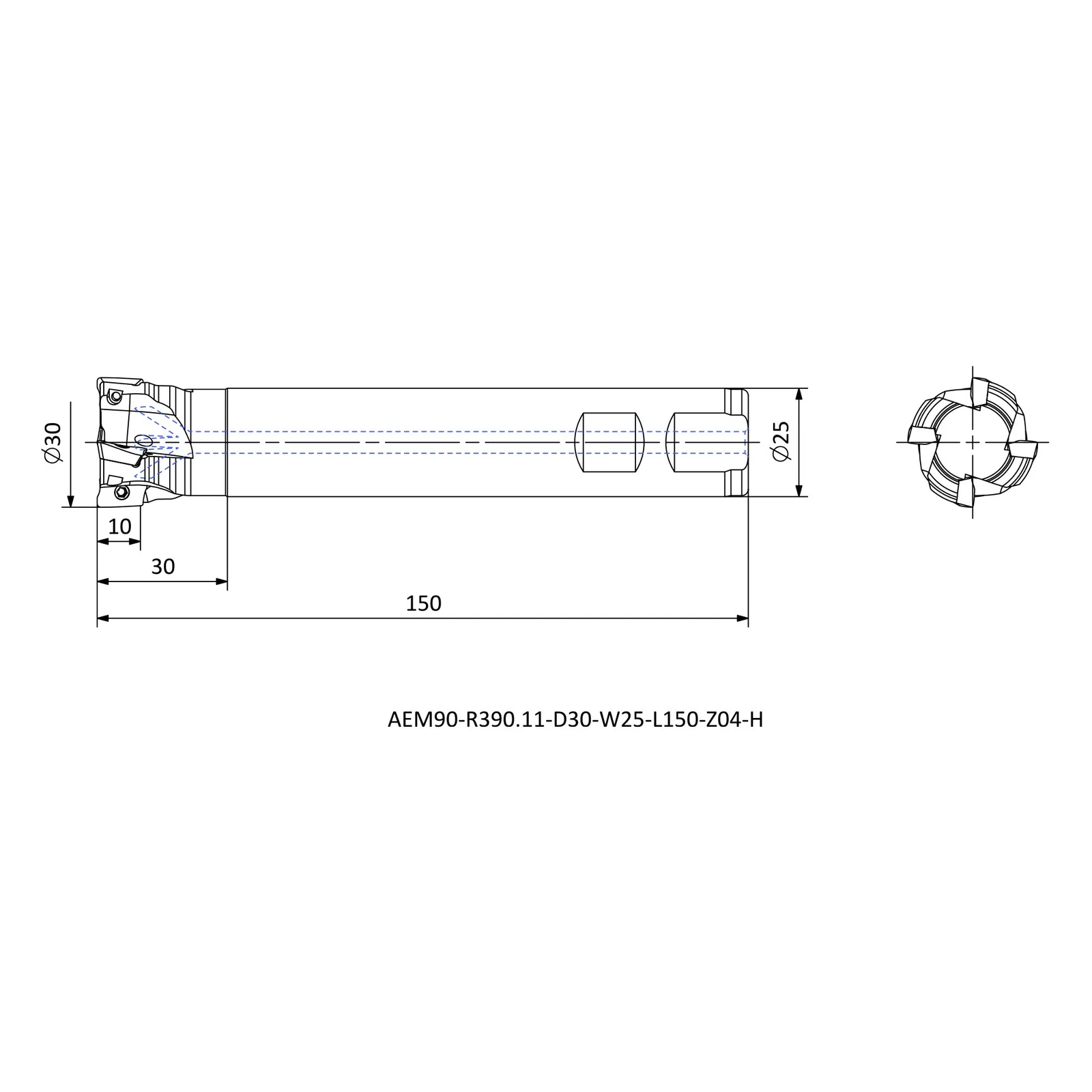 AEM90-R390.11-D30-W25-L150-Z04-H &mdash; dimensioned drawing
