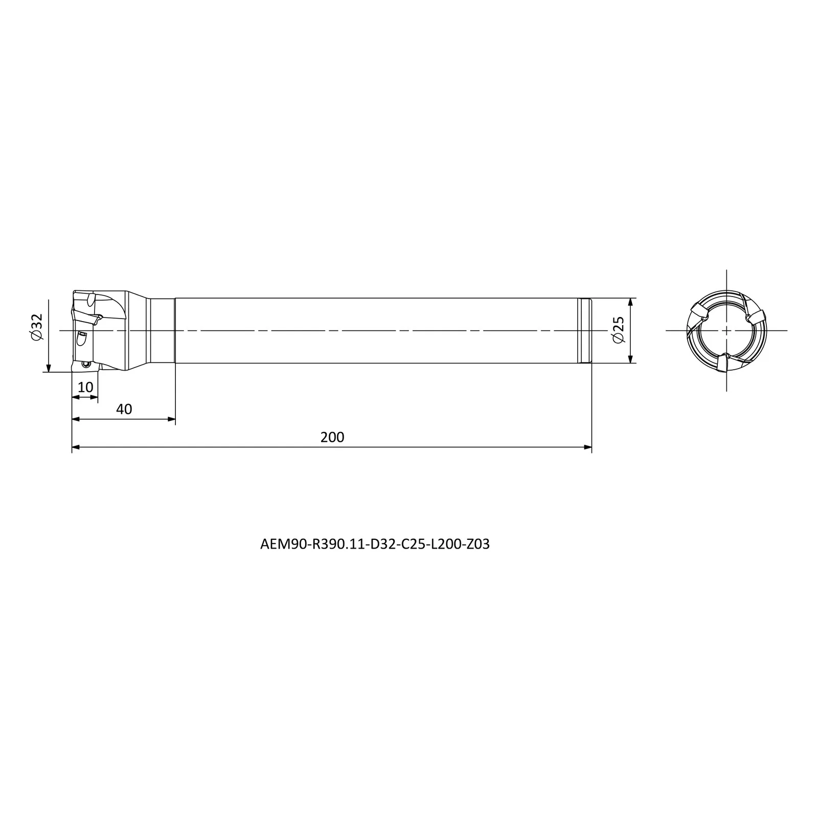 AEM90-R390.11-D32-C25-L200-Z03 &mdash; dimensioned drawing