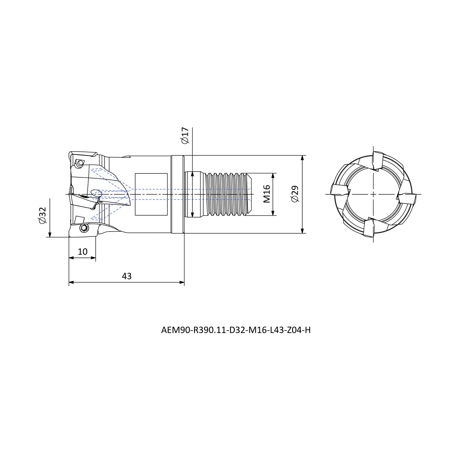 AEM90-R390.11-D32-M16-L43-Z04-H &mdash; dimensioned drawing