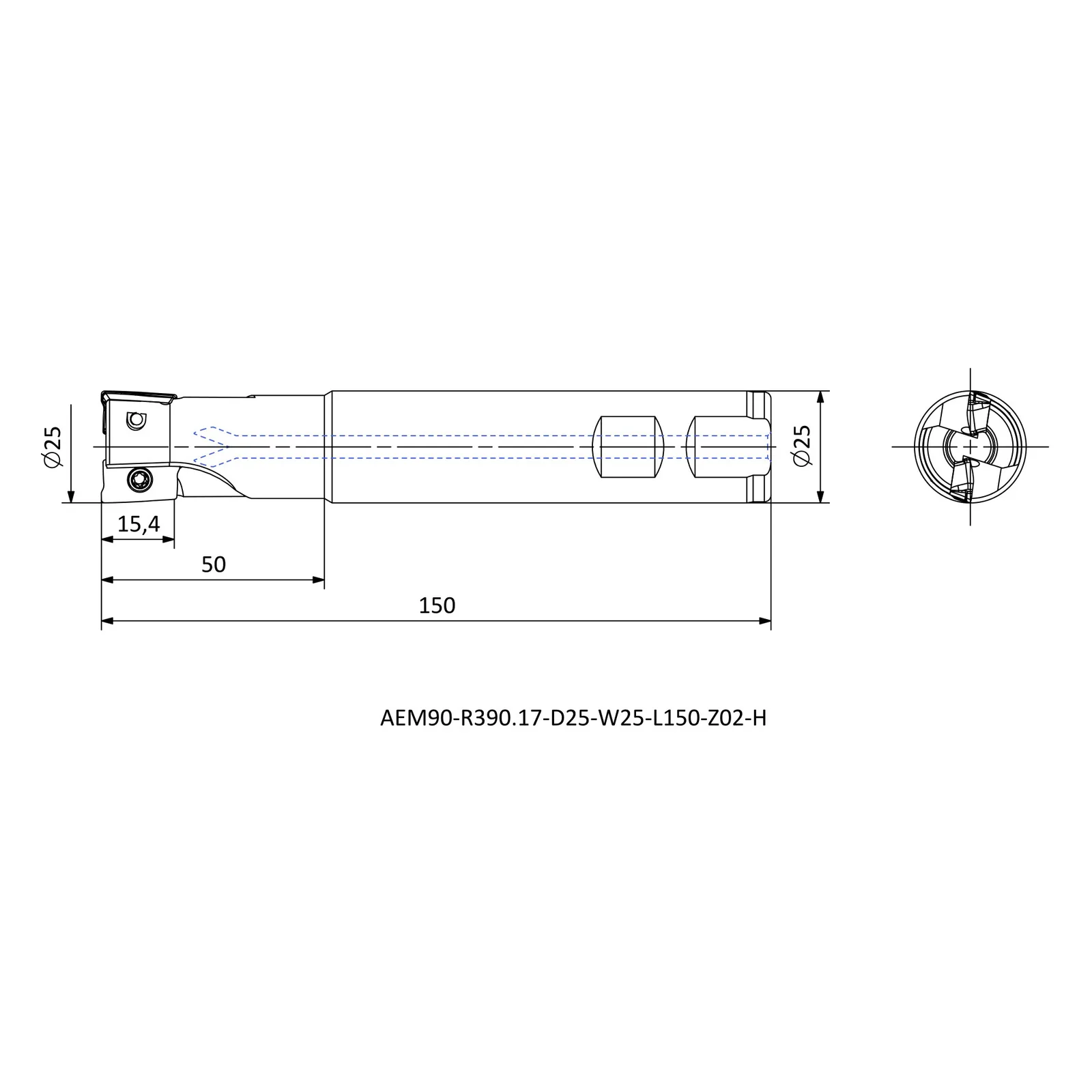 AEM90-R390.17-D25-W25-L150-Z02-H &mdash; dimensioned drawing