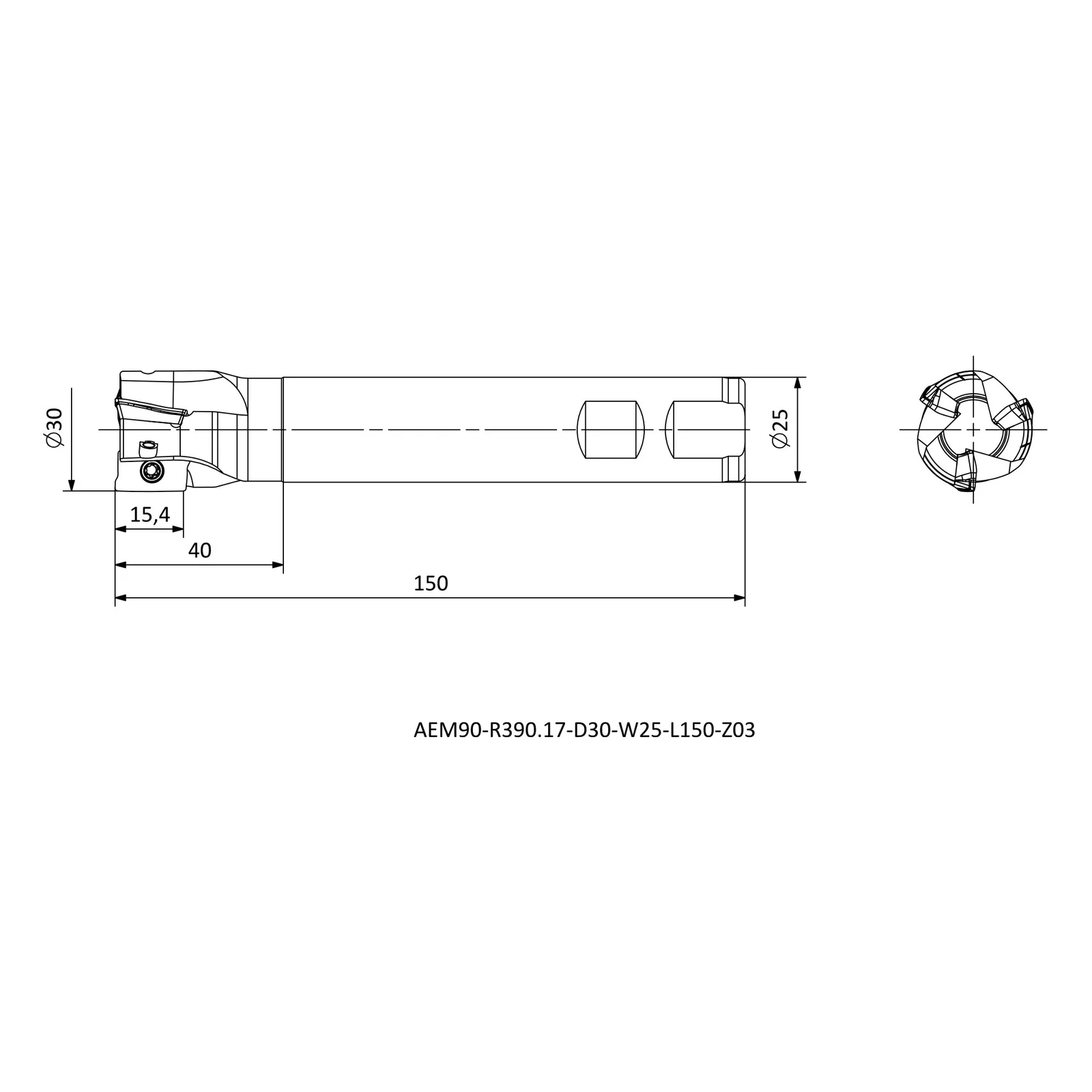 AEM90-R390.17-D30-W25-L150-Z03 &mdash; dimensioned drawing
