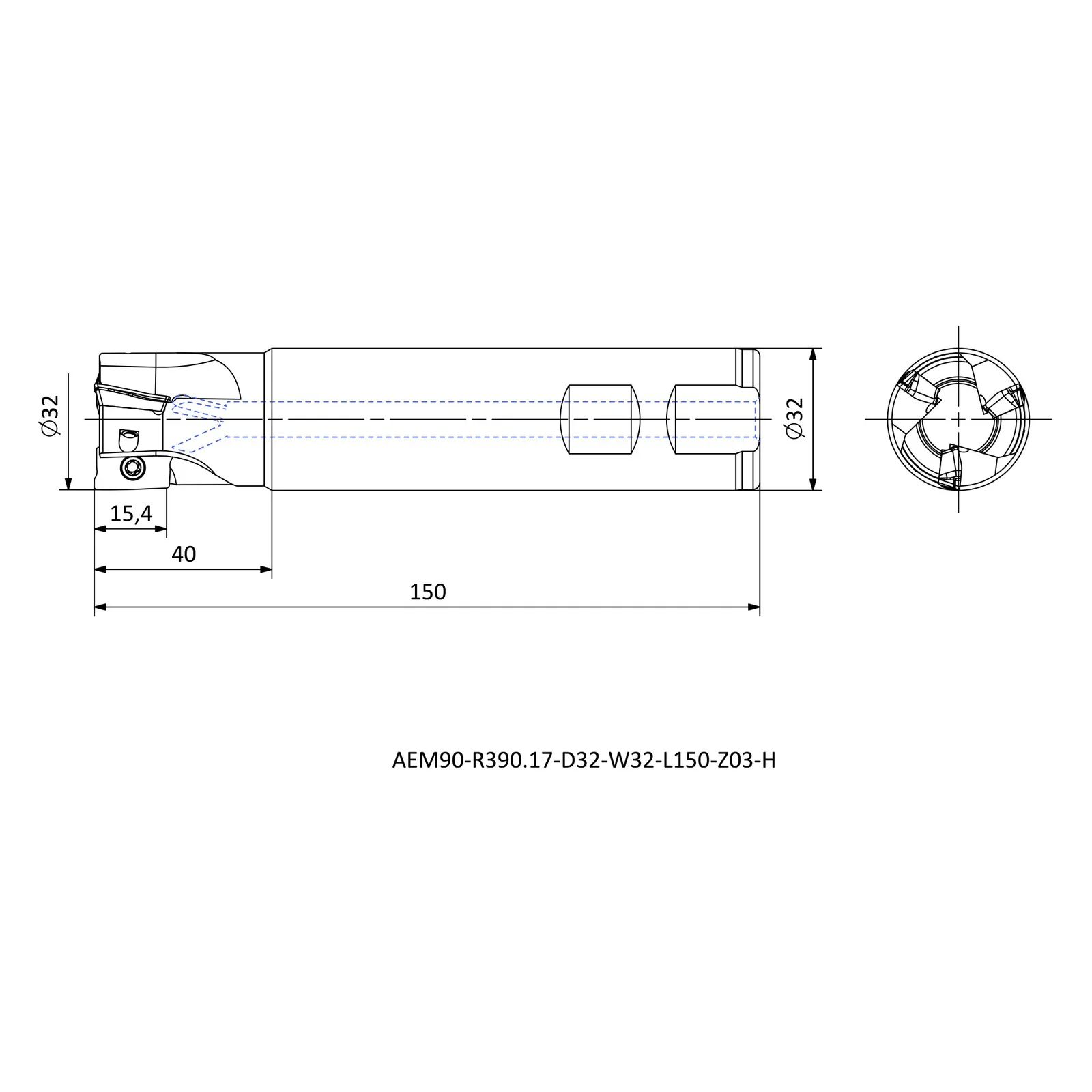 AEM90-R390.17-D32-W32-L150-Z03-H &mdash; dimensioned drawing