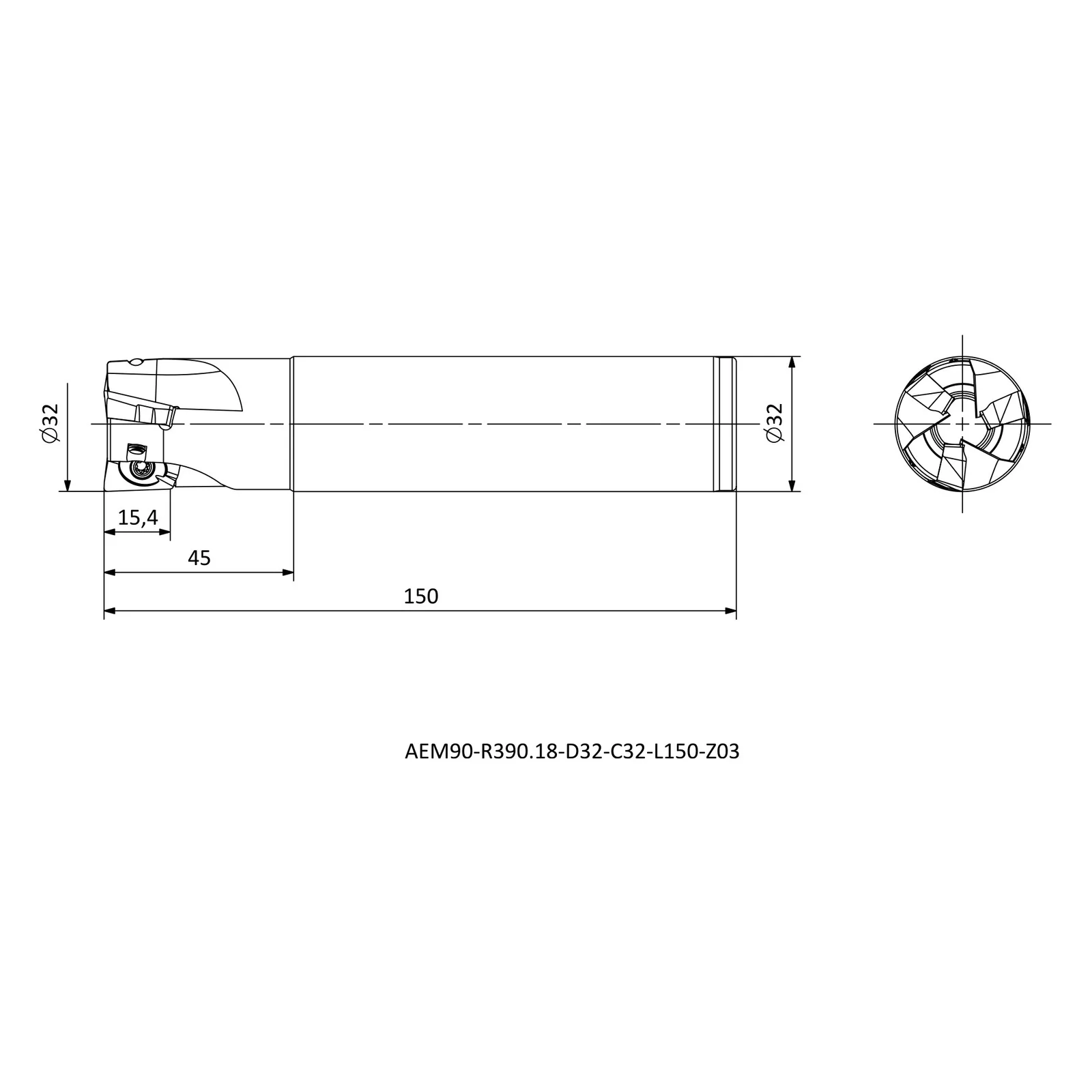 AEM90-R390.18-D32-C32-L150-Z03 &mdash; dimensioned drawing