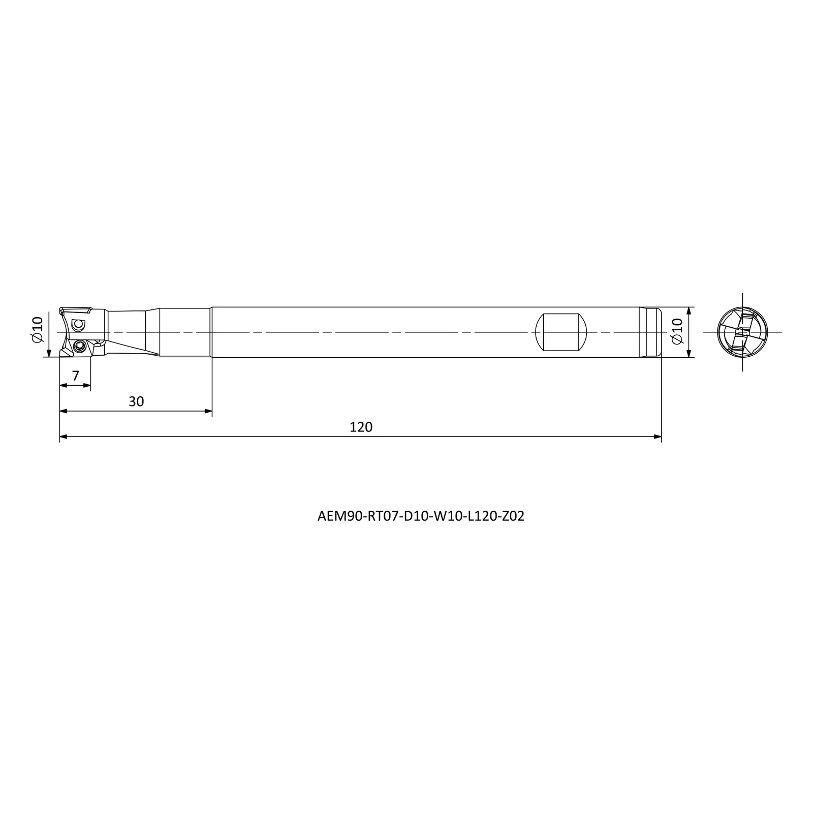 AEM90-RT07-D10-W10-L120-Z02 &mdash; dimensioned drawing