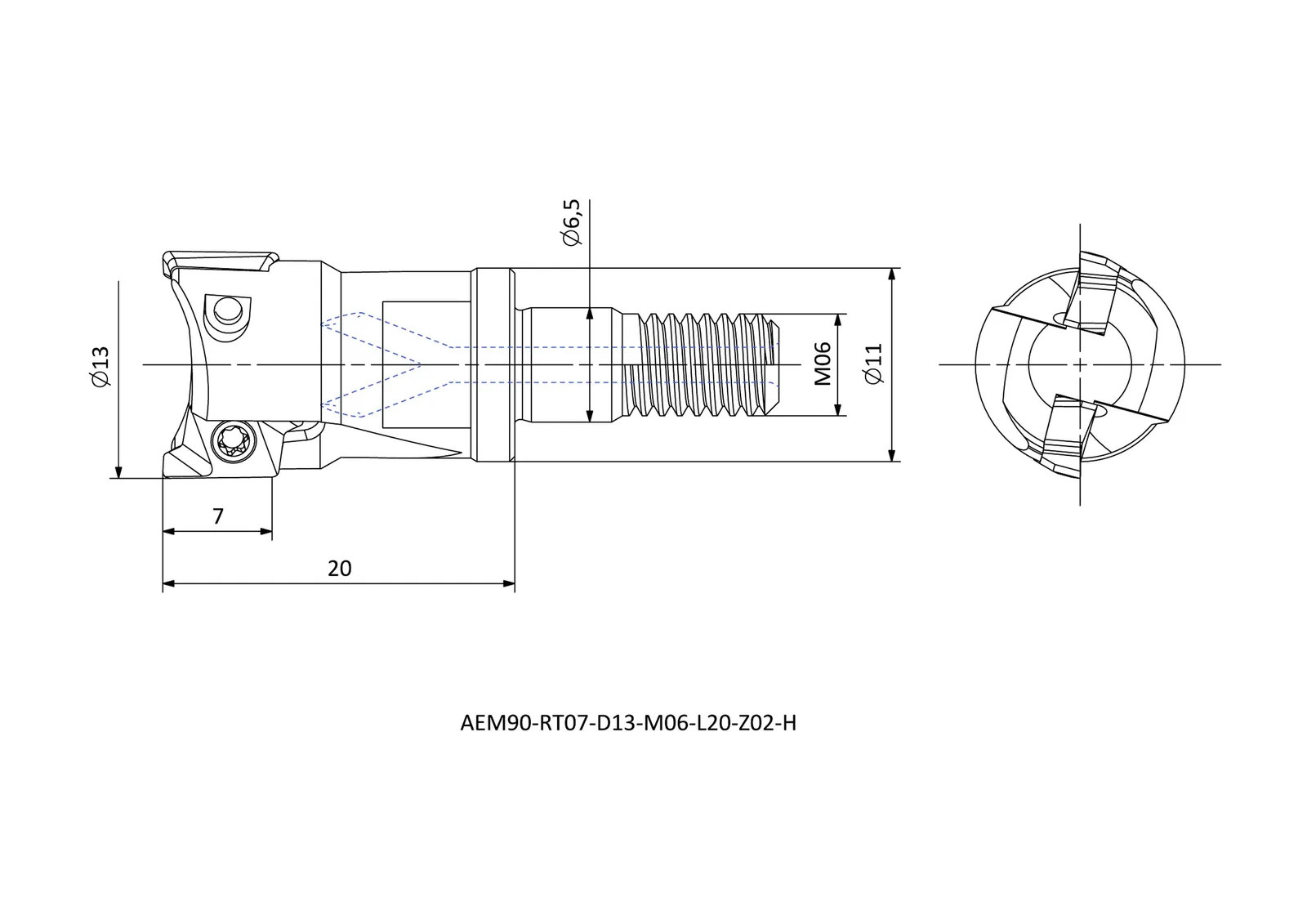 AEM90-RT07-D13-M06-L20-Z02-H &mdash; dimensioned drawing