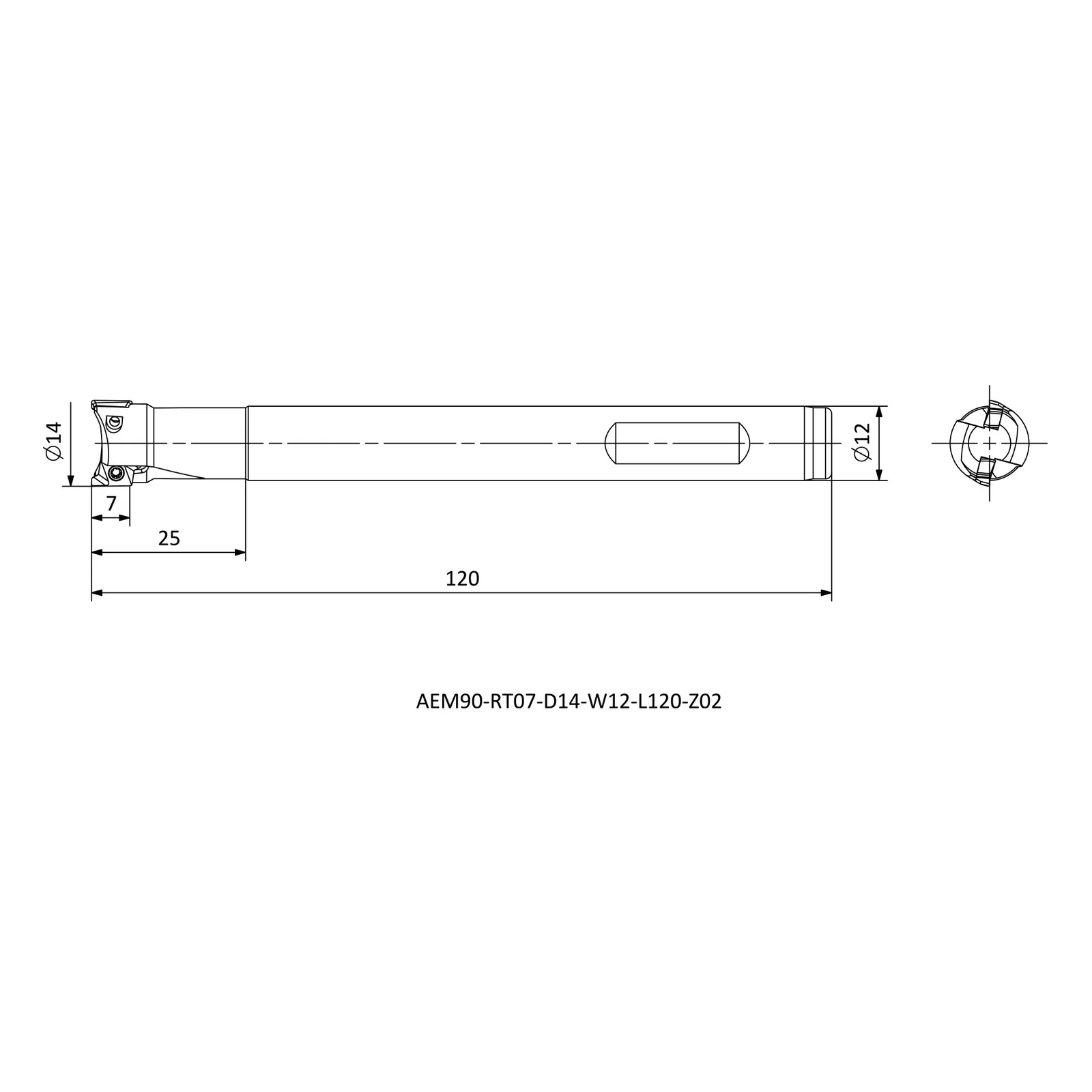 AEM90-RT07-D14-W12-L120-Z02 &mdash; dimensioned drawing