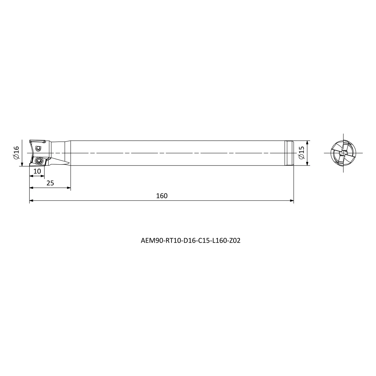 AEM90-RT10-D16-C15-L160-Z02 &mdash; dimensioned drawing