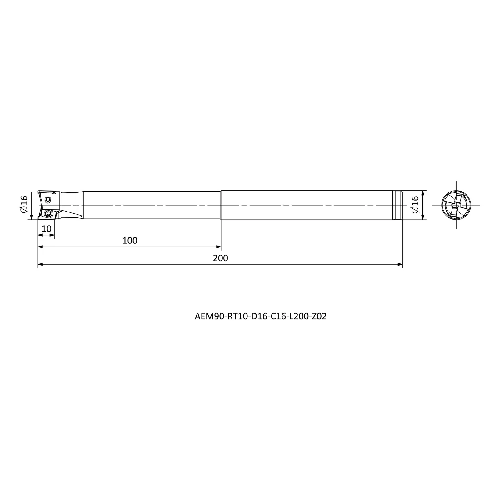 AEM90-RT10-D16-C16-L200-Z02 &mdash; dimensioned drawing