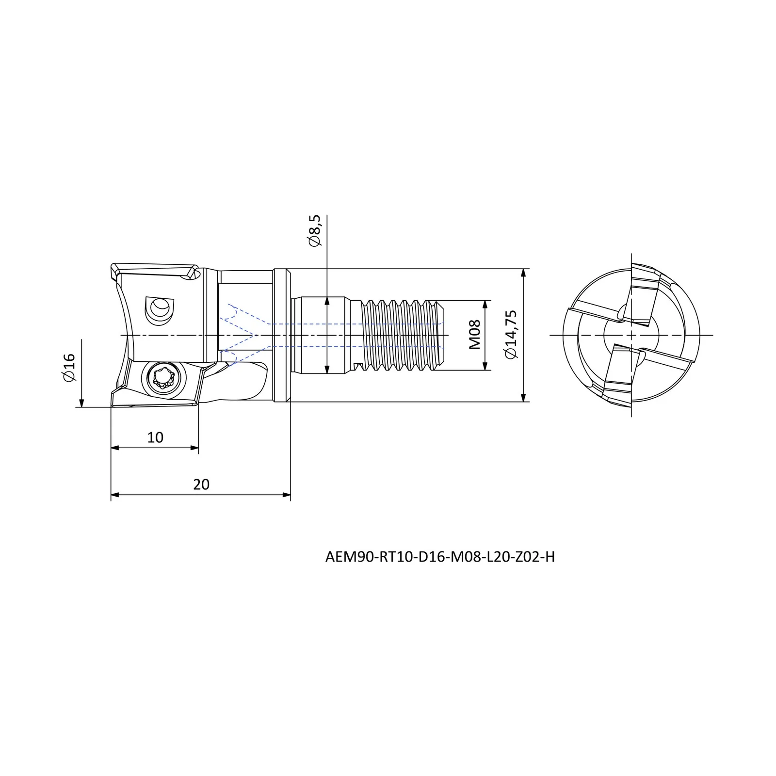 AEM90-RT10-D16-M08-L20-Z02-H &mdash; dimensioned drawing
