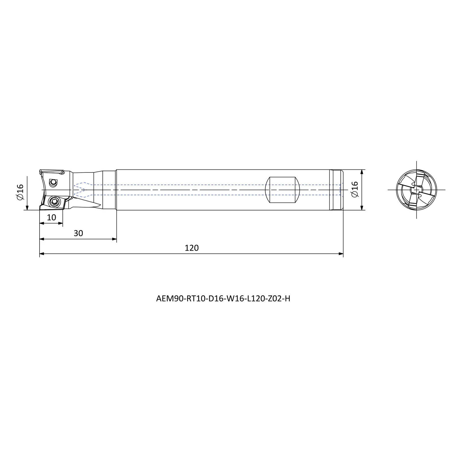 AEM90-RT10-D16-W16-L120-Z02-H &mdash; dimensioned drawing