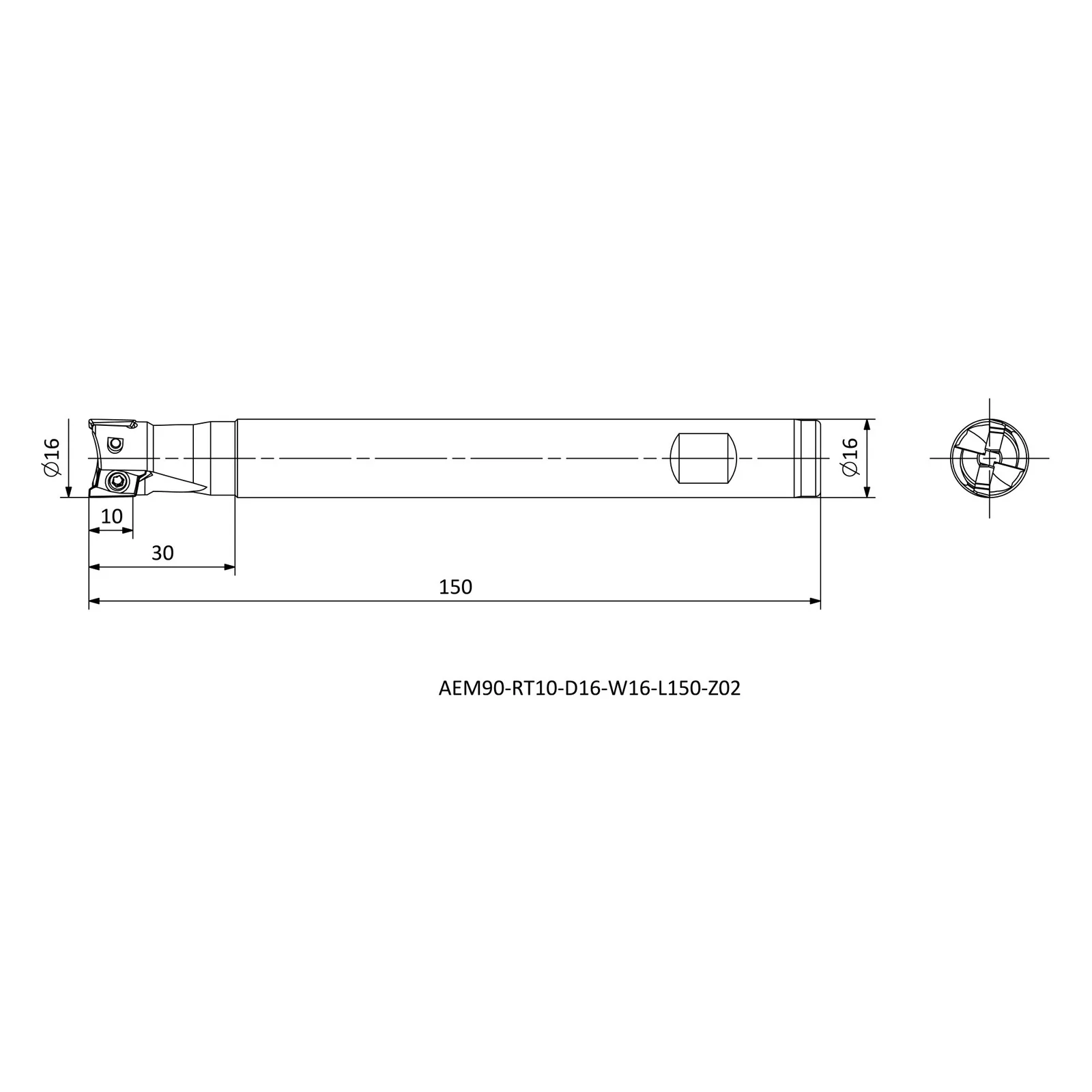 AEM90-RT10-D16-W16-L150-Z02 &mdash; dimensioned drawing