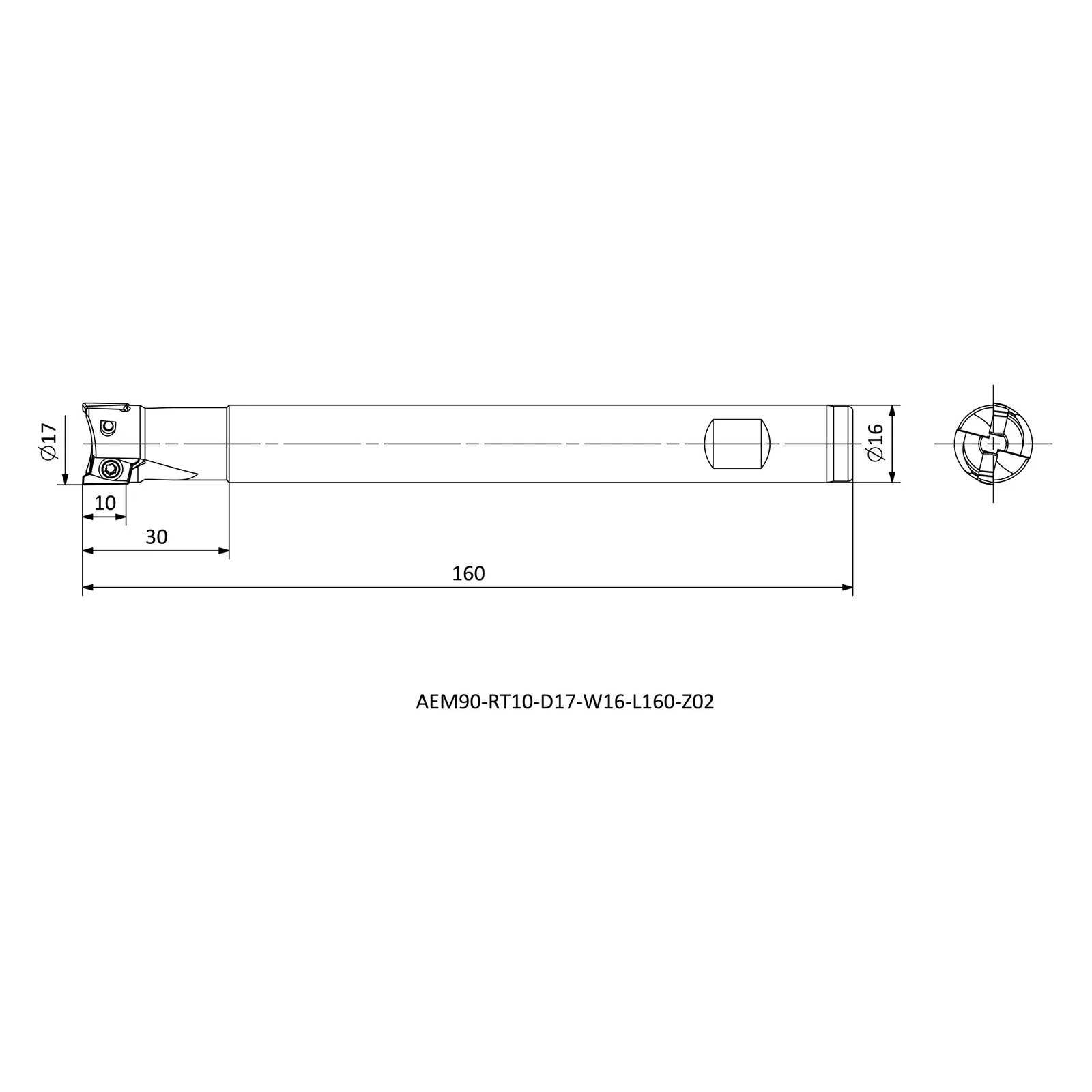 AEM90-RT10-D17-W16-L160-Z02 &mdash; dimensioned drawing