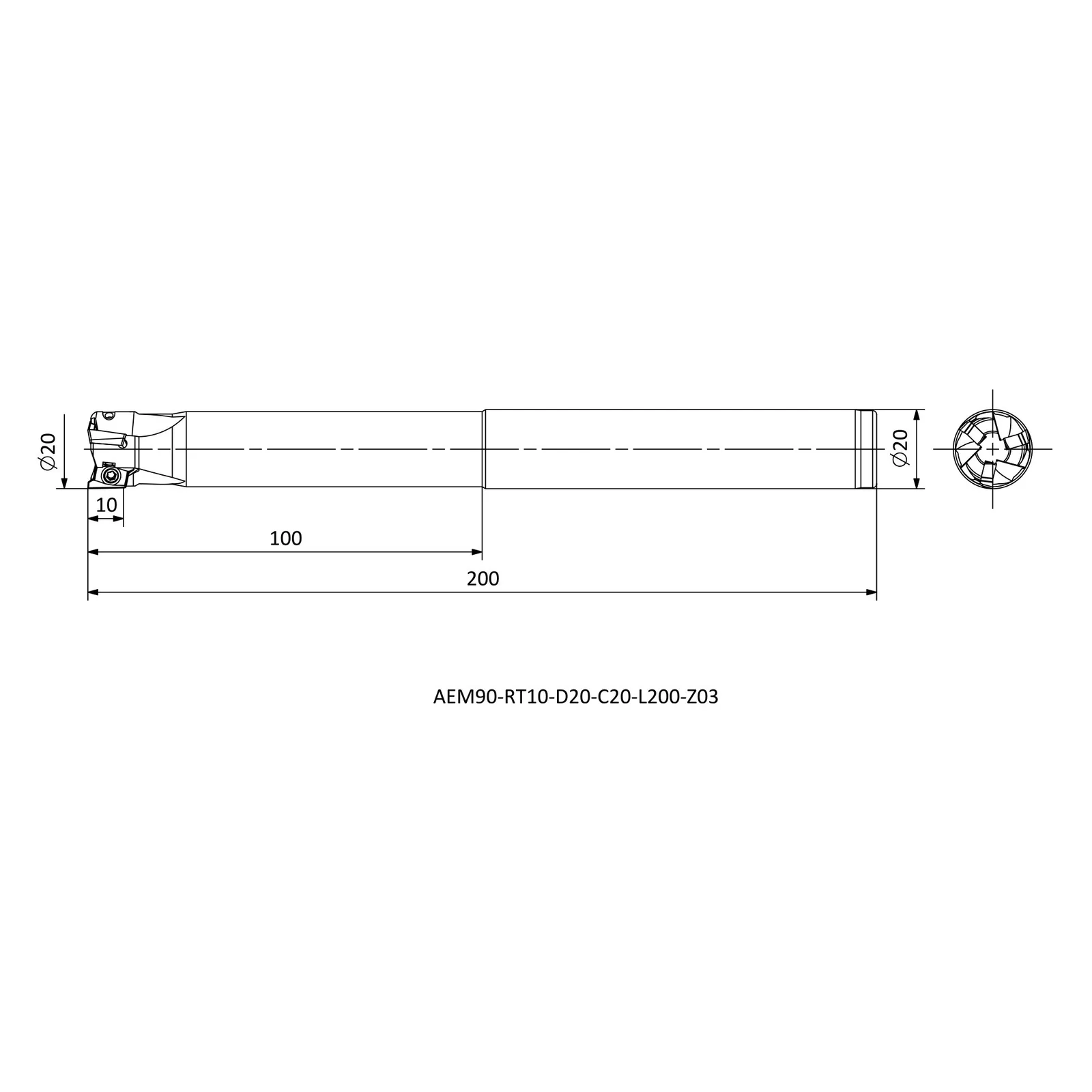 AEM90-RT10-D20-C20-L200-Z03 &mdash; dimensioned drawing