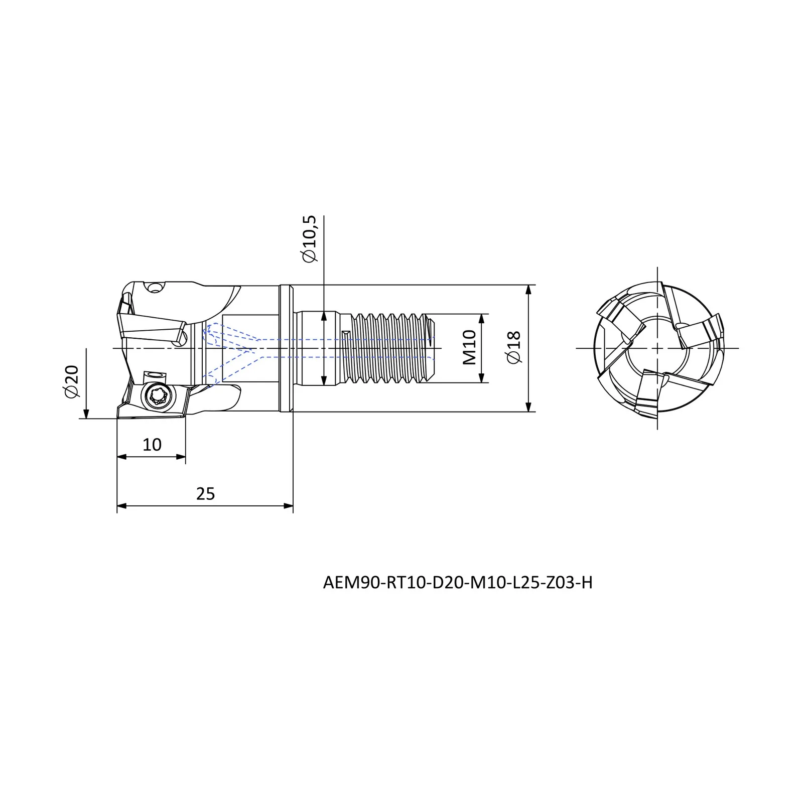 AEM90-RT10-D20-M10-L25-Z03-H &mdash; dimensioned drawing