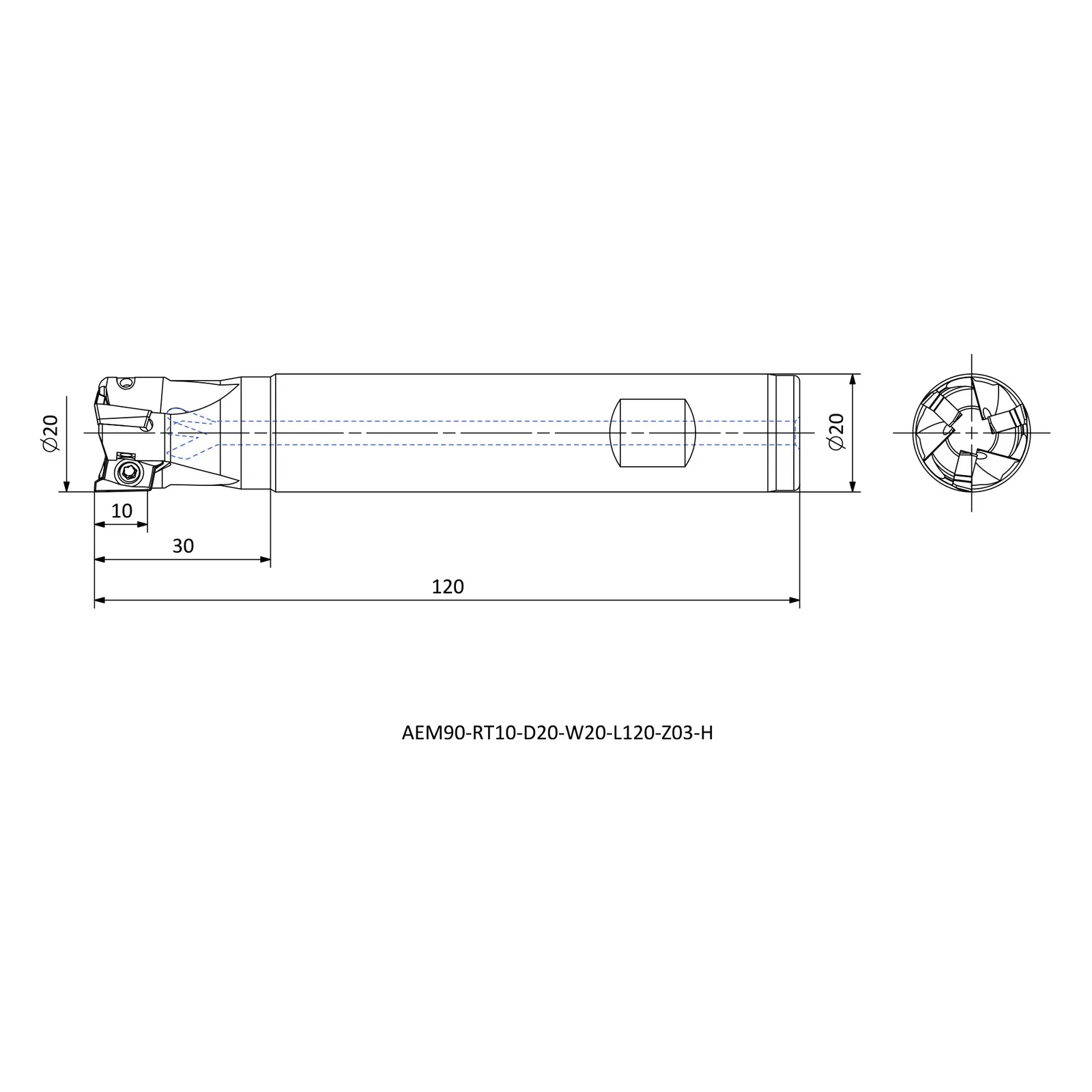 AEM90-RT10-D20-W20-L120-Z03-H &mdash; dimensioned drawing
