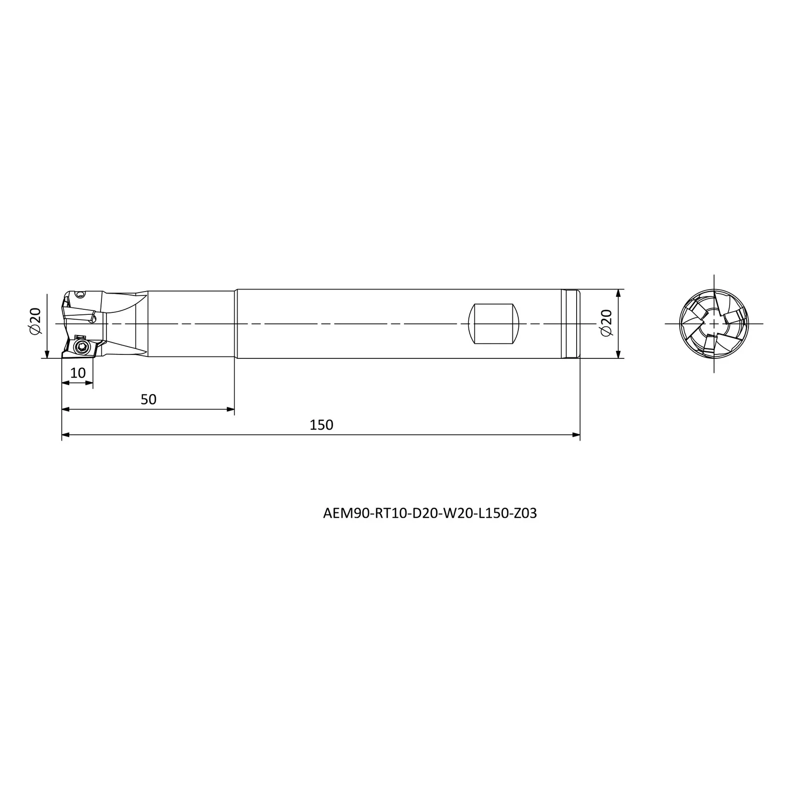 AEM90-RT10-D20-W20-L150-Z03 &mdash; dimensioned drawing
