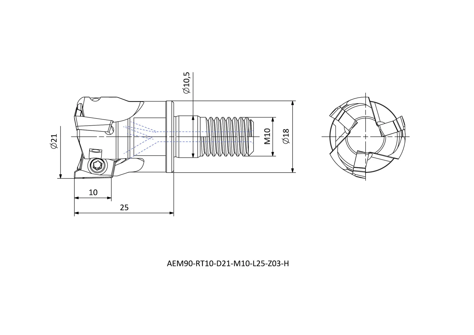 AEM90-RT10-D21-M10-L25-Z03-H &mdash; dimensioned drawing