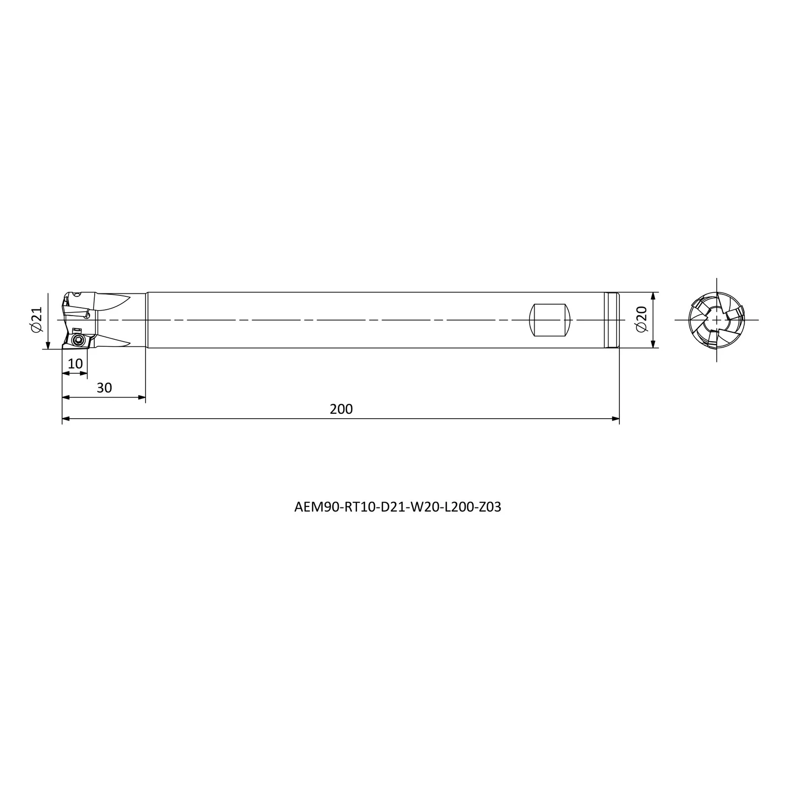 AEM90-RT10-D21-W20-L200-Z03 &mdash; dimensioned drawing