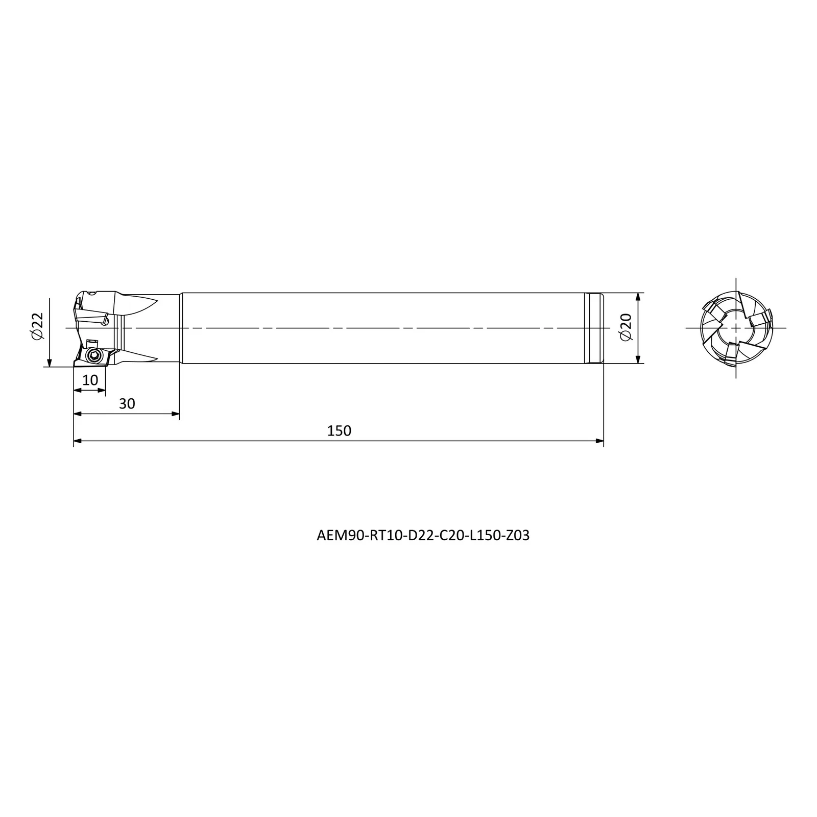 AEM90-RT10-D22-C20-L150-Z03 &mdash; dimensioned drawing