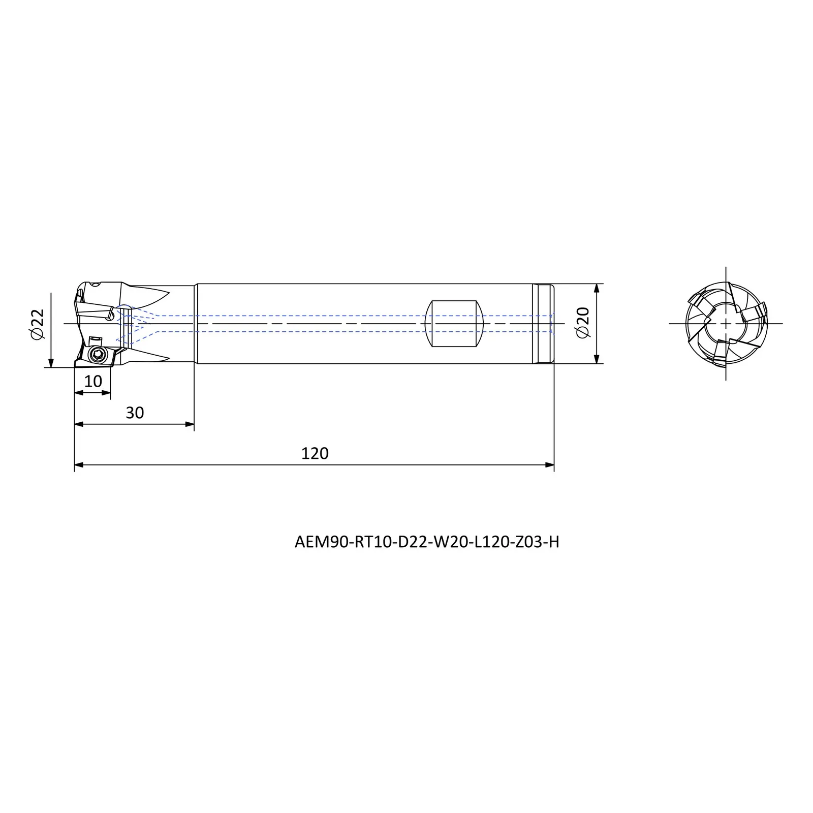 AEM90-RT10-D22-W20-L120-Z03-H &mdash; dimensioned drawing