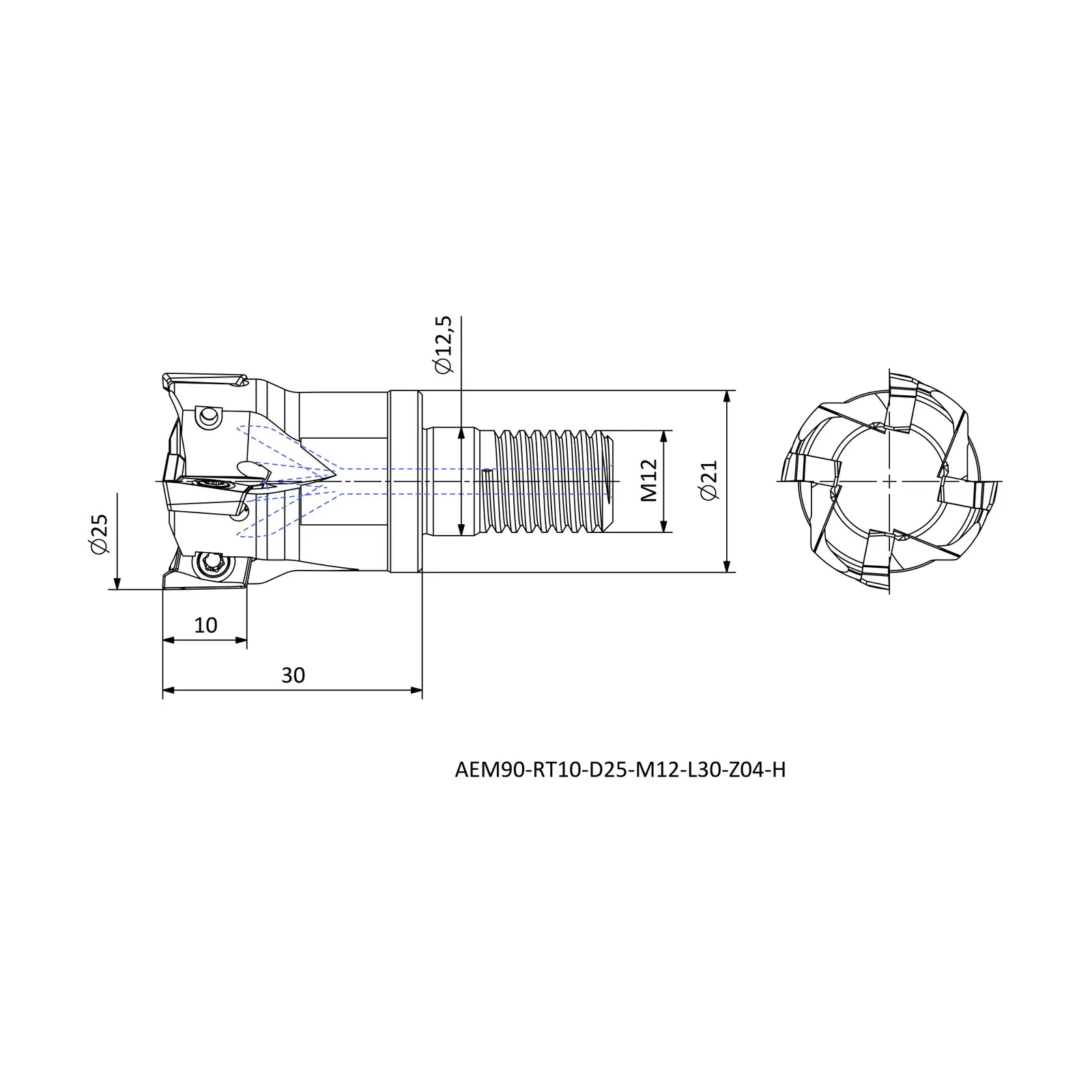 AEM90-RT10-D25-M12-L30-Z04-H &mdash; dimensioned drawing
