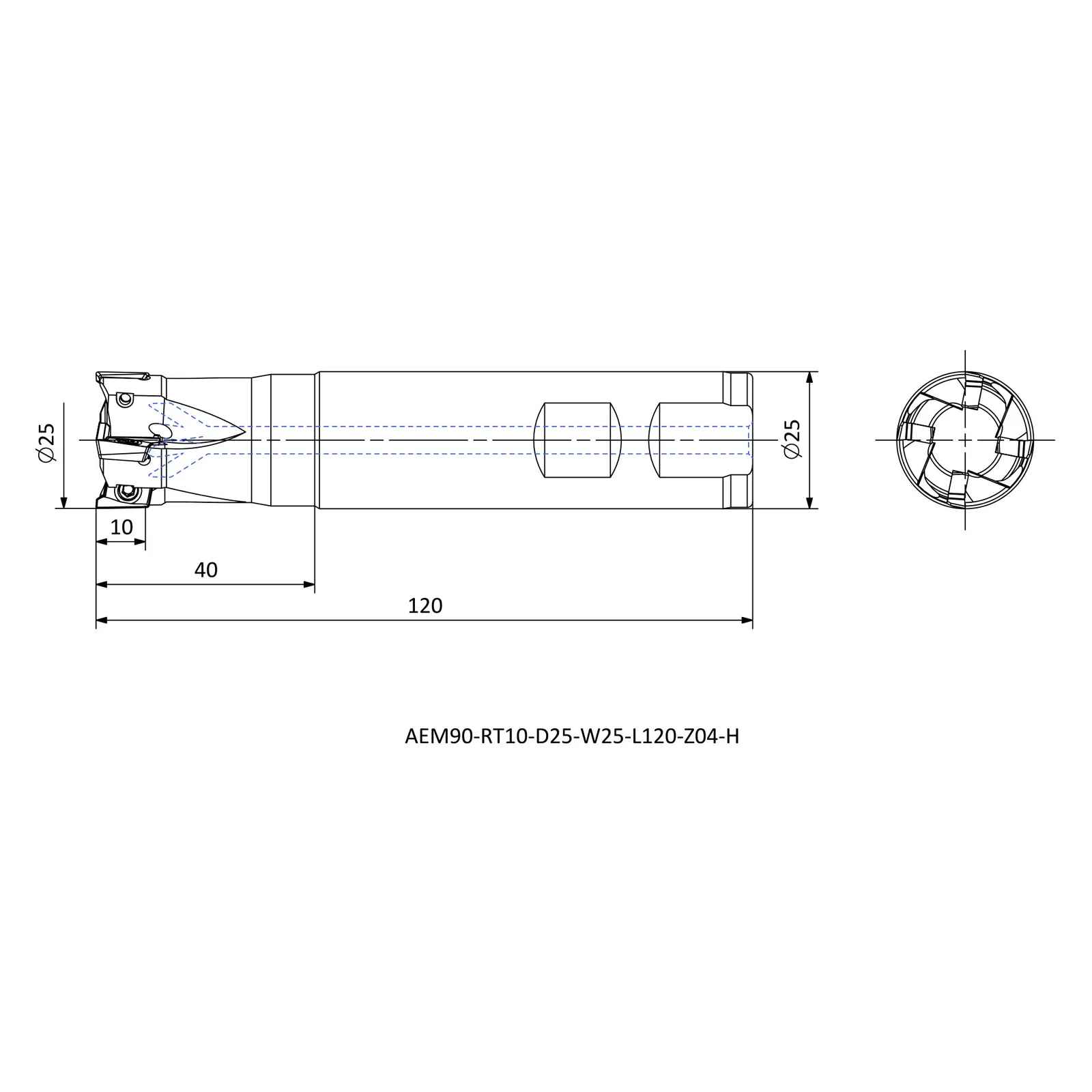 AEM90-RT10-D25-W25-L120-Z04-H &mdash; dimensioned drawing
