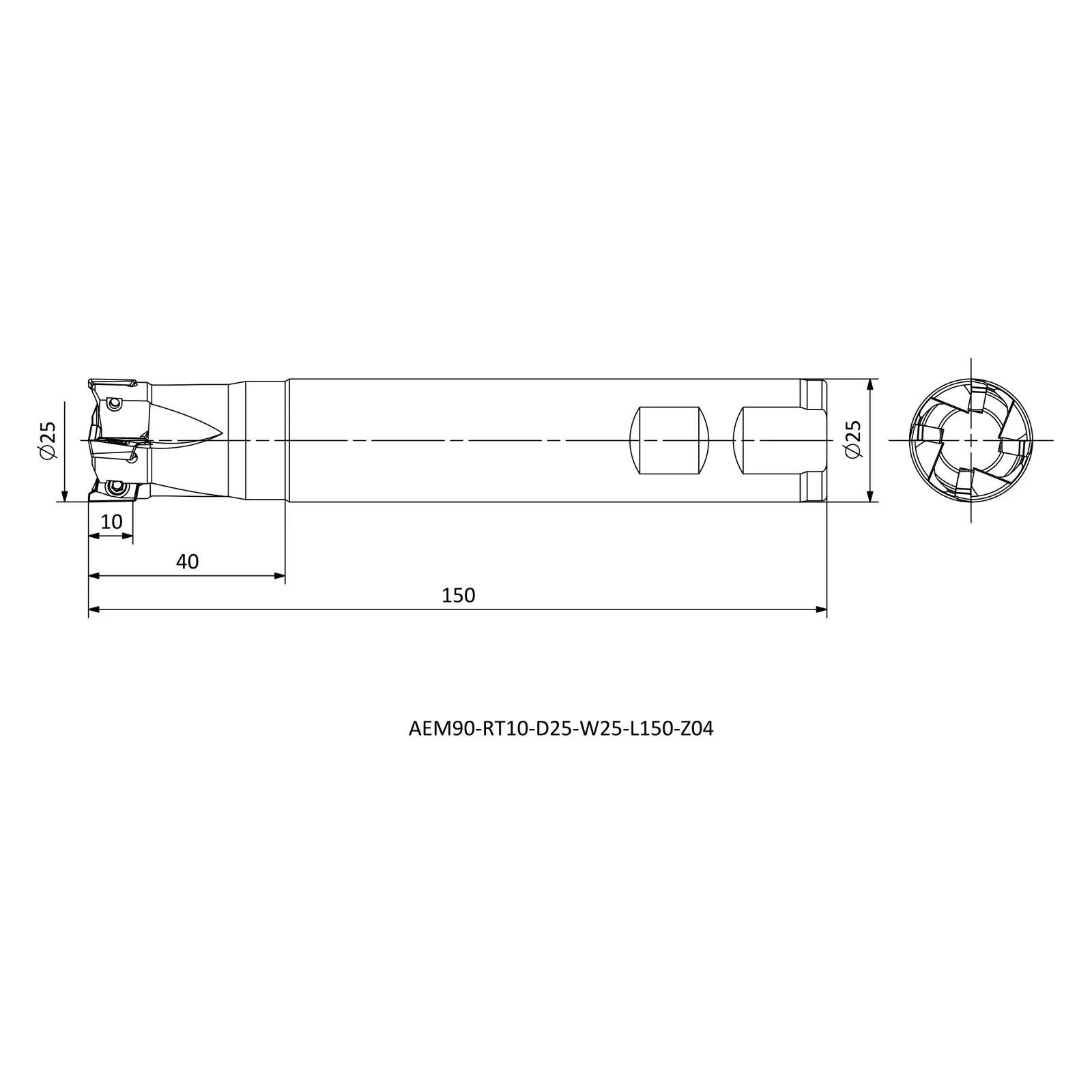 AEM90-RT10-D25-W25-L150-Z04 &mdash; dimensioned drawing