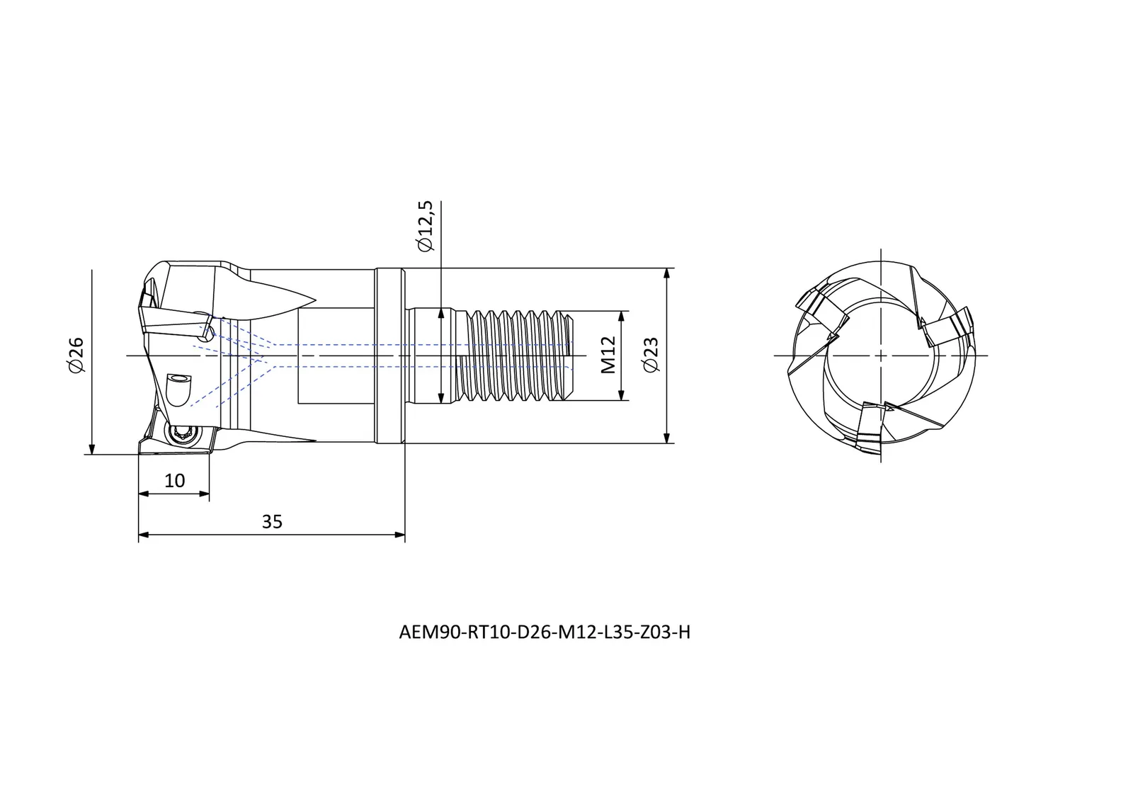 AEM90-RT10-D26-M12-L35-Z03-H &mdash; dimensioned drawing