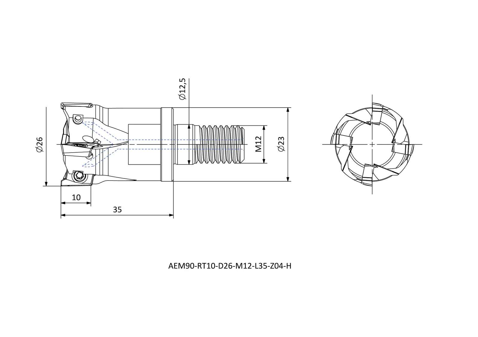 AEM90-RT10-D26-M12-L35-Z04-H &mdash; dimensioned drawing