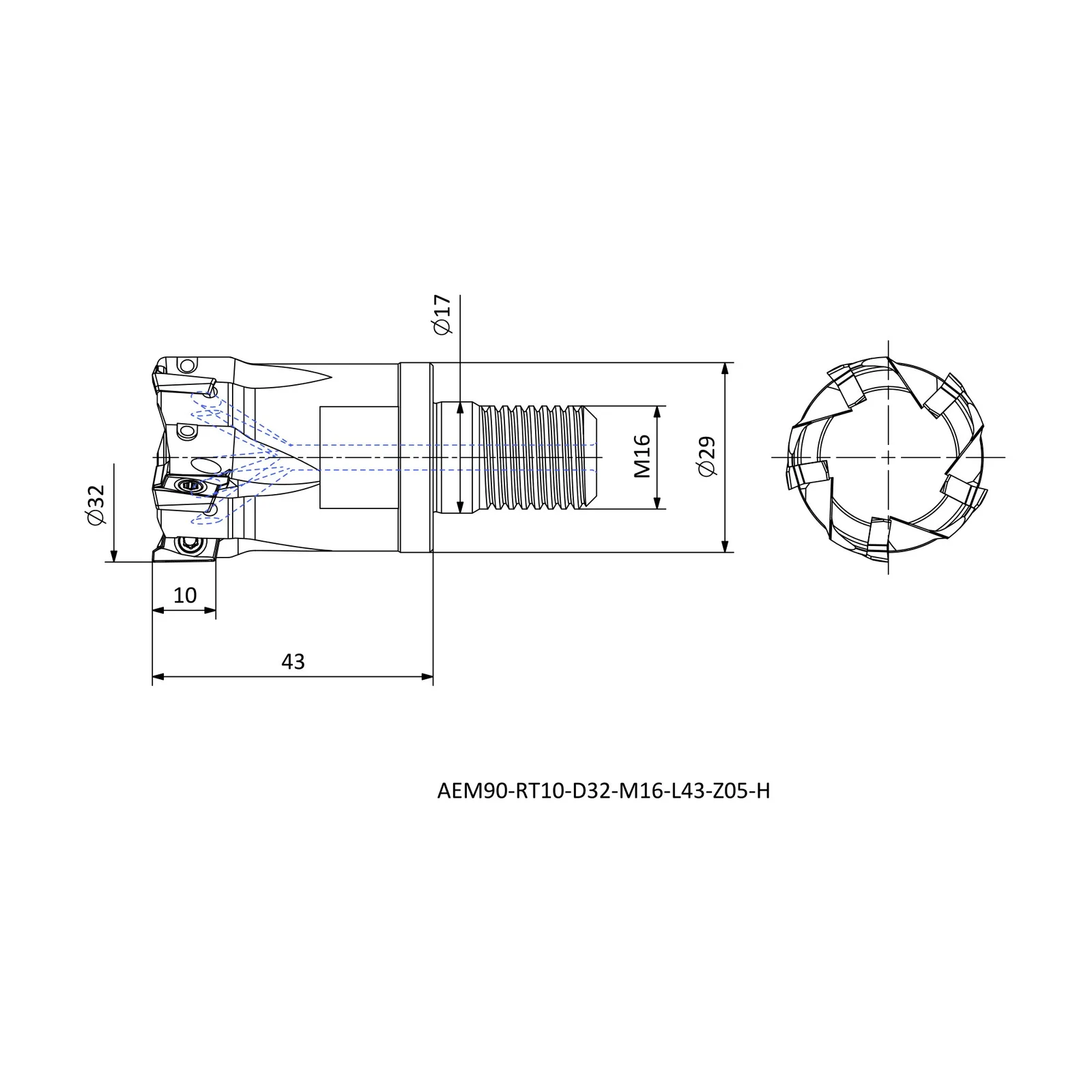 AEM90-RT10-D32-M16-L43-Z05-H &mdash; dimensioned drawing