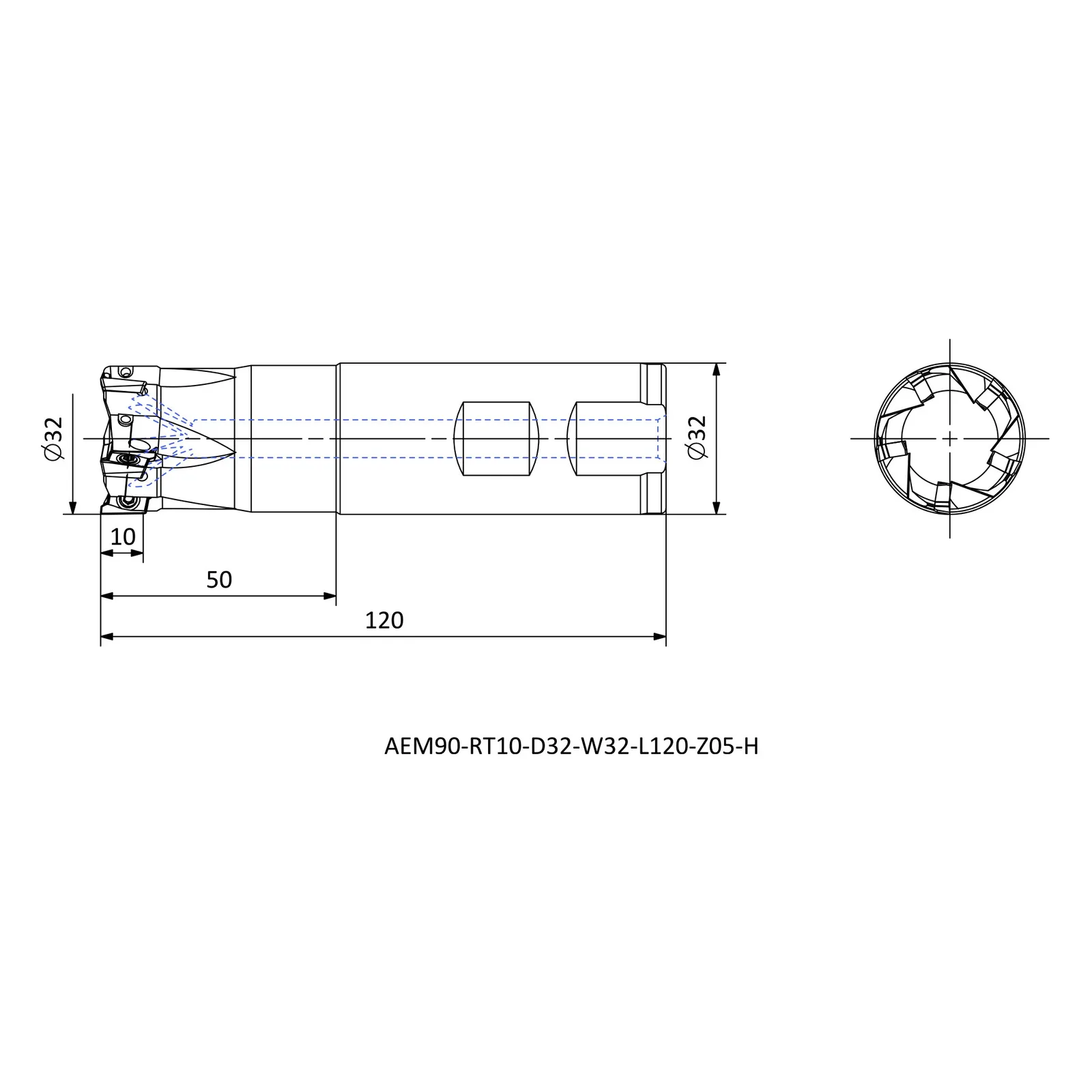 AEM90-RT10-D32-W32-L120-Z05-H &mdash; dimensioned drawing