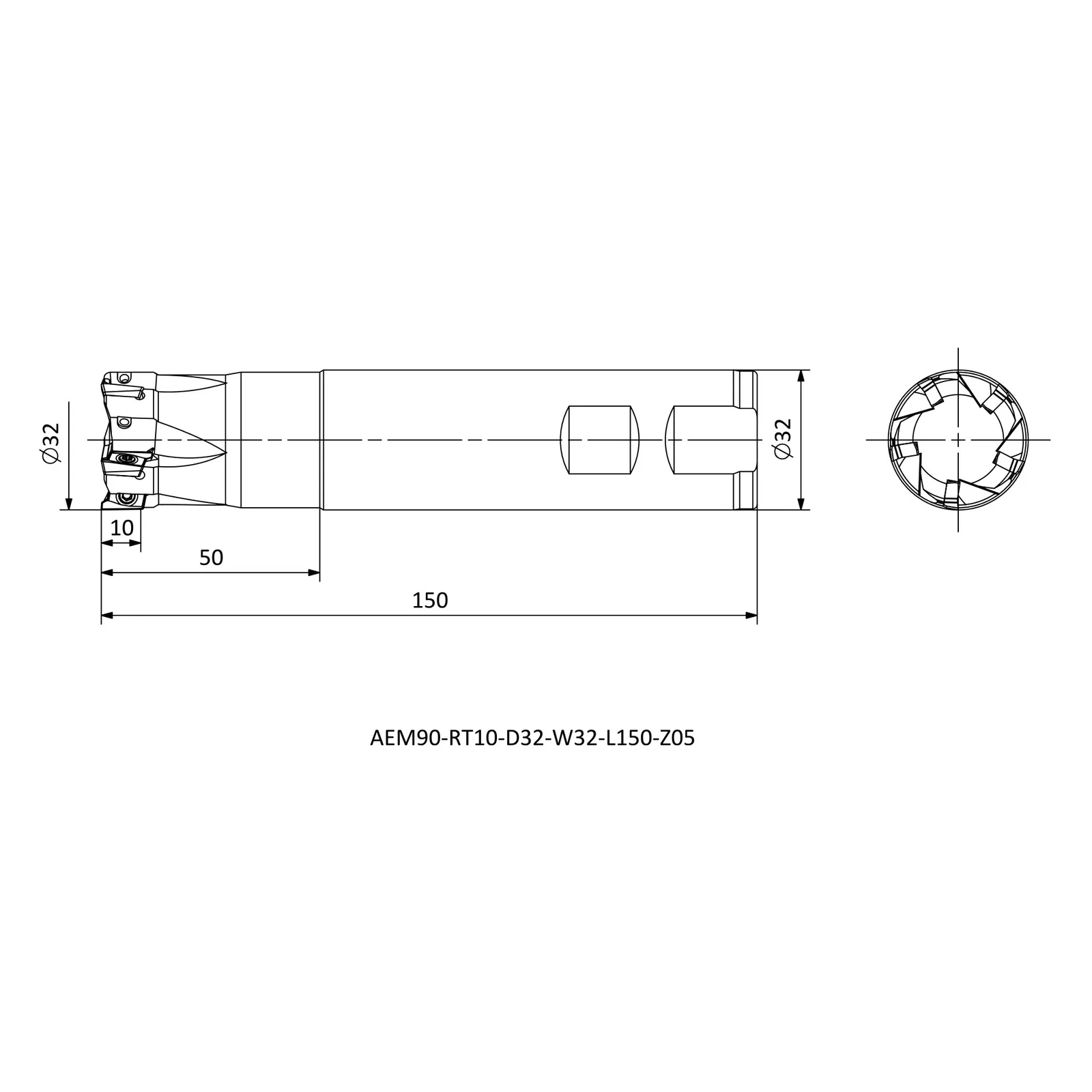 AEM90-RT10-D32-W32-L150-Z05 &mdash; dimensioned drawing