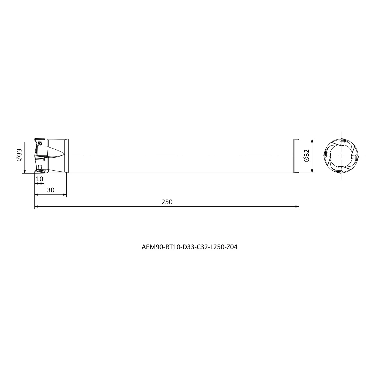 AEM90-RT10-D33-C32-L250-Z04 &mdash; dimensioned drawing