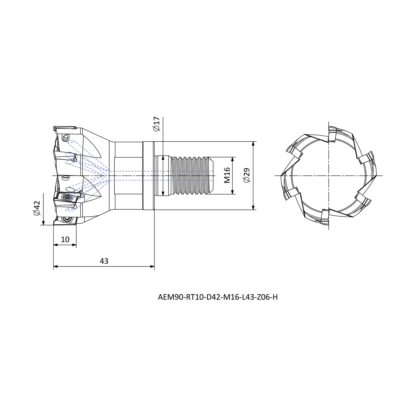 AEM90-RT10-D42-M16-L43-Z06-H &mdash; dimensioned drawing