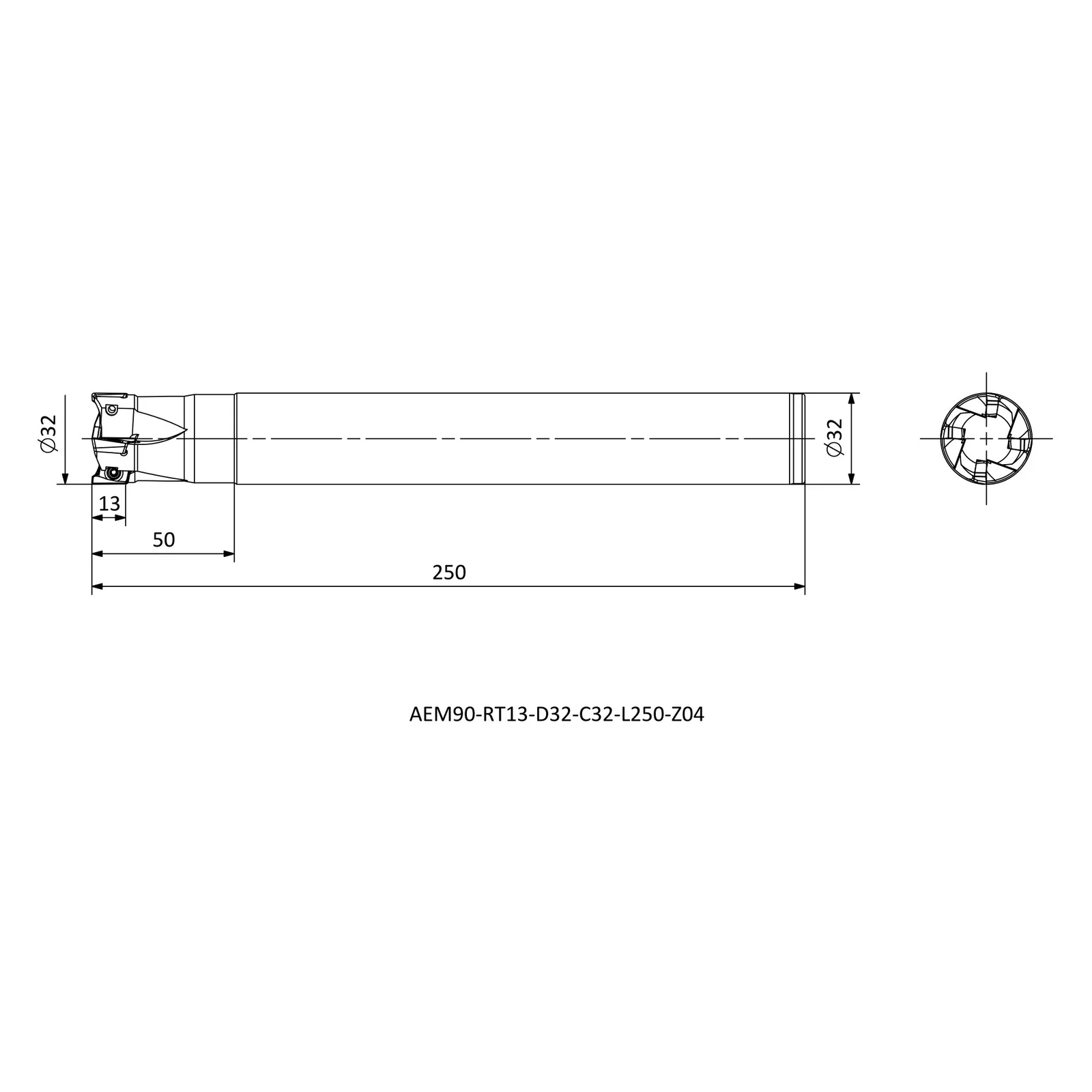 AEM90-RT13-D32-C32-L250-Z04 &mdash; dimensioned drawing