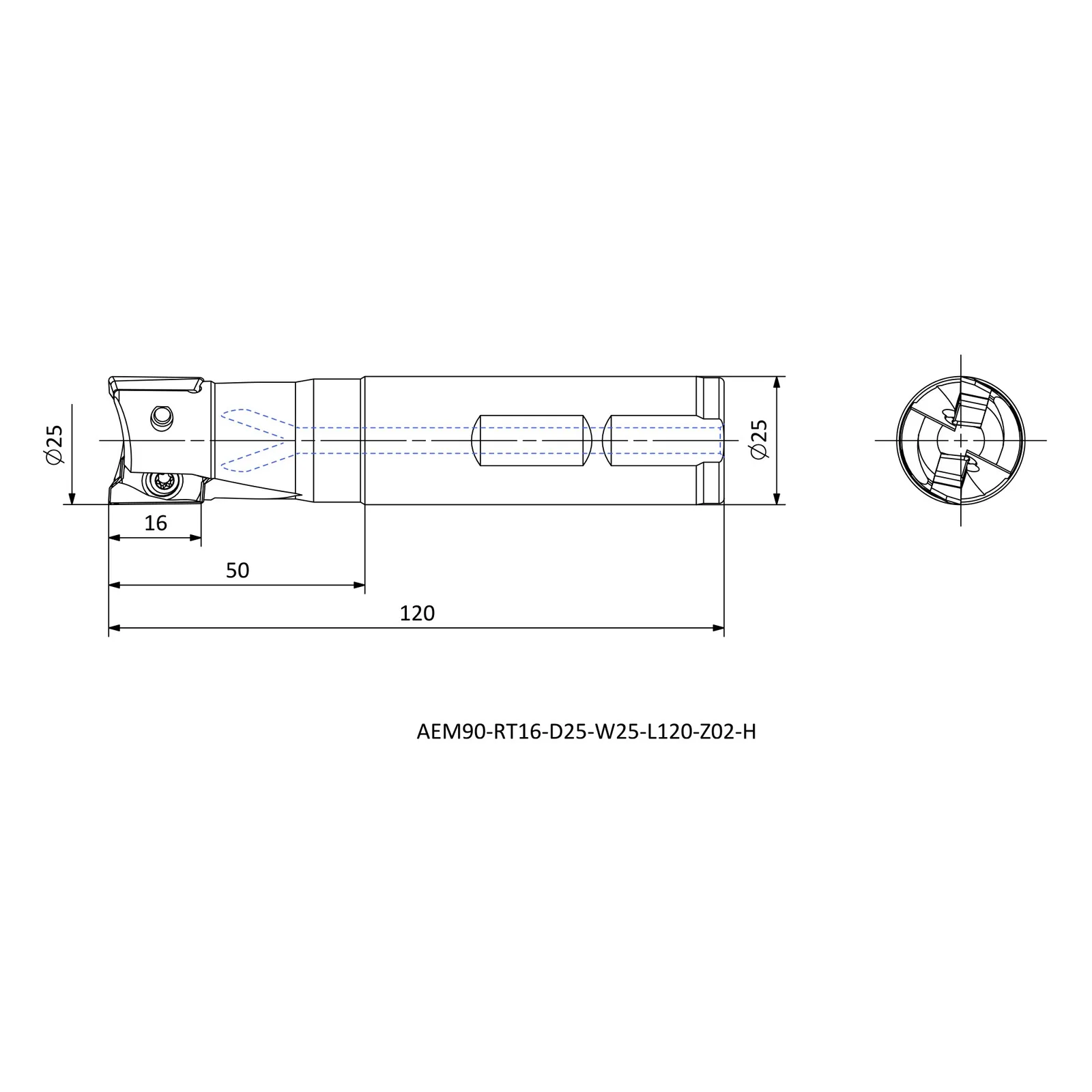 AEM90-RT16-D25-W25-L120-Z02-H &mdash; dimensioned drawing