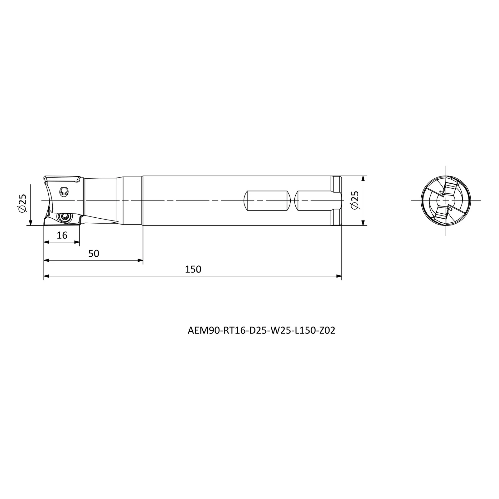 AEM90-RT16-D25-W25-L150-Z02 &mdash; dimensioned drawing