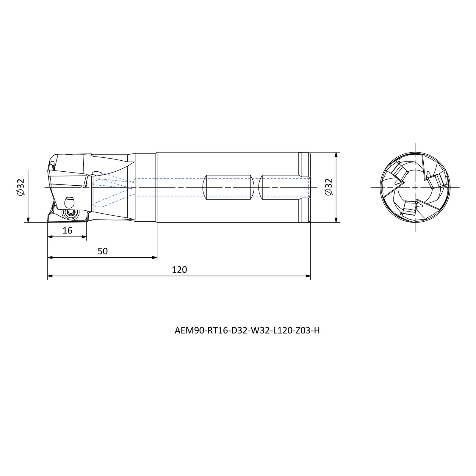 AEM90-RT16-D32-W32-L120-Z03-H &mdash; dimensioned drawing