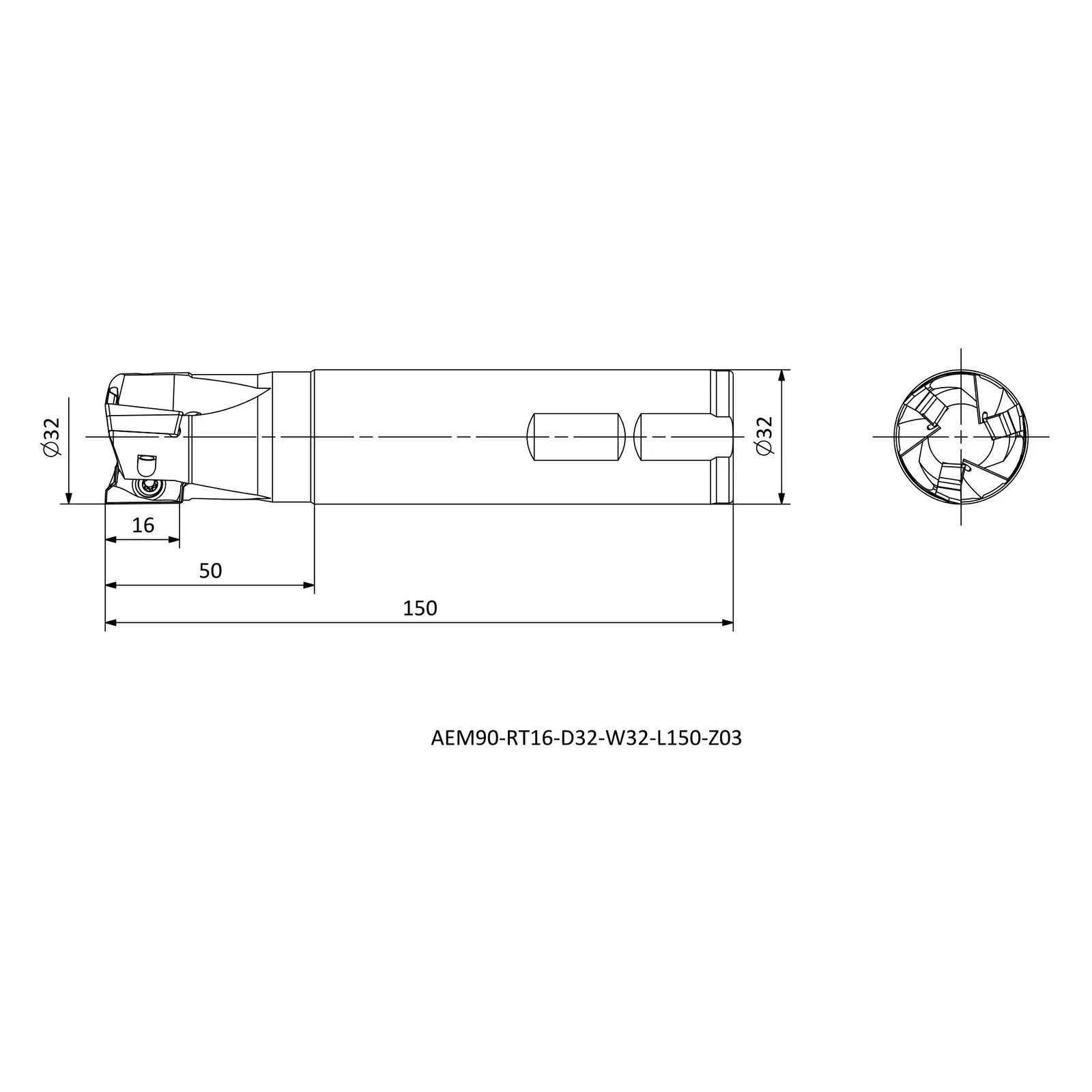AEM90-RT16-D32-W32-L150-Z03 &mdash; dimensioned drawing