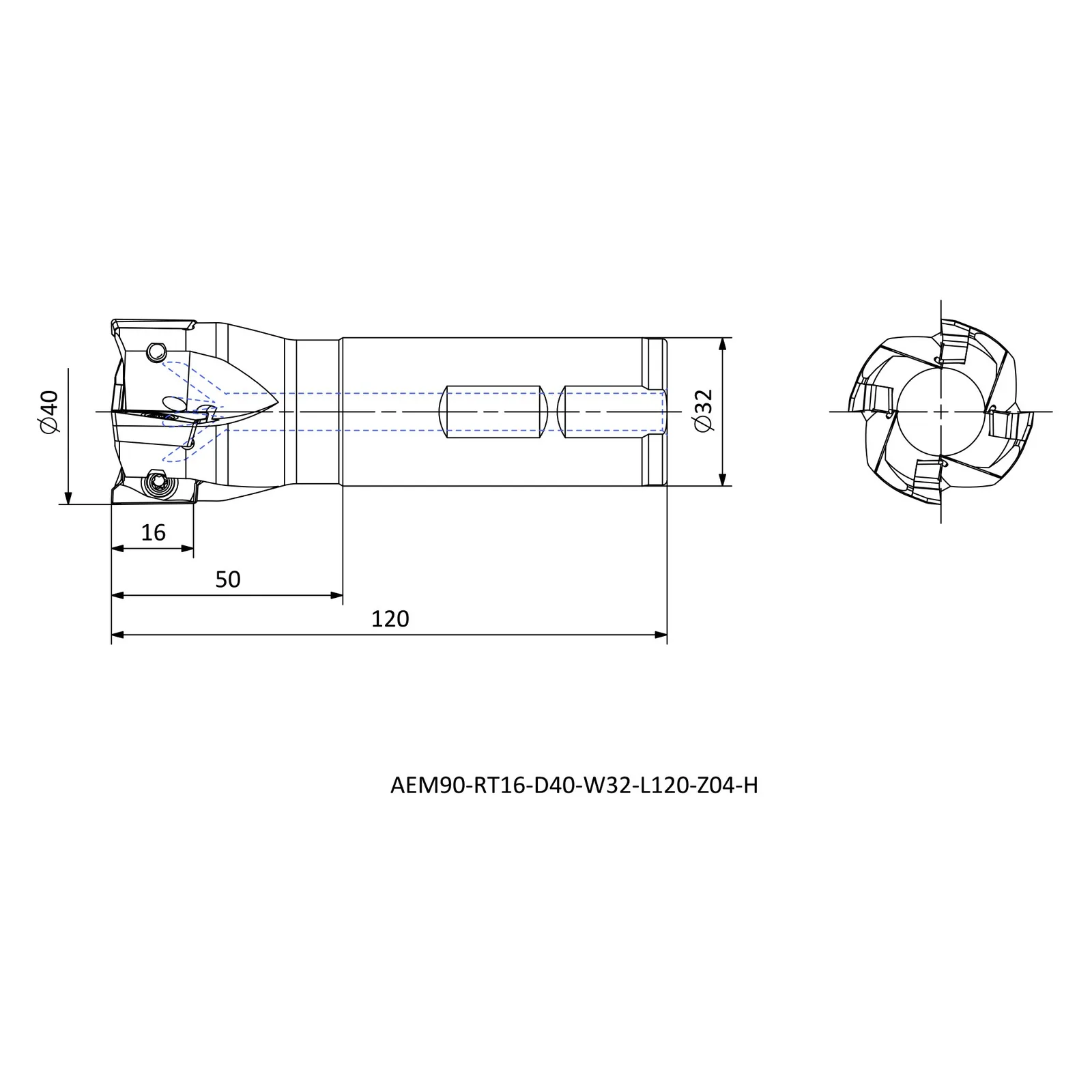 AEM90-RT16-D40-W32-L120-Z04-H &mdash; dimensioned drawing