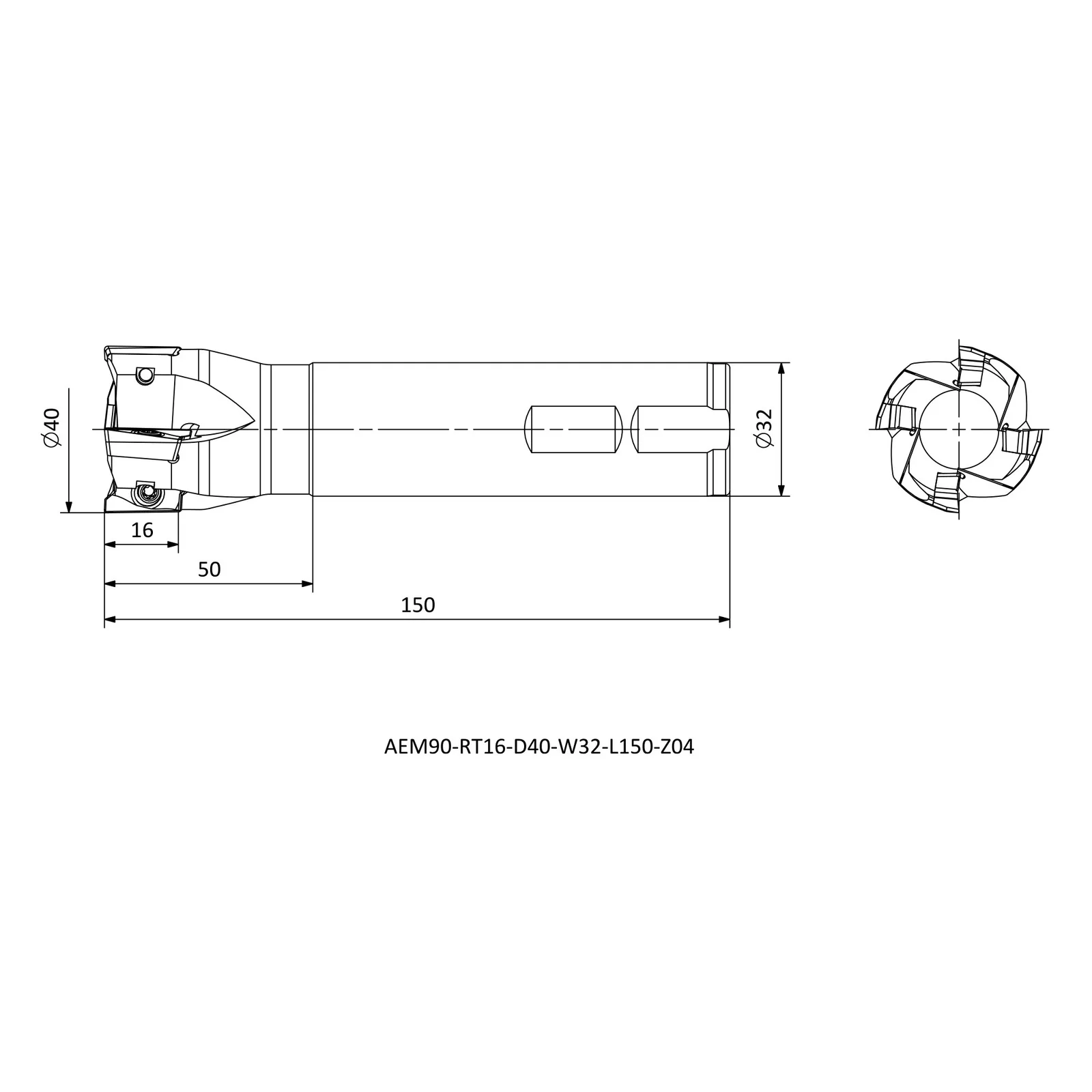 AEM90-RT16-D40-W32-L150-Z04 &mdash; dimensioned drawing