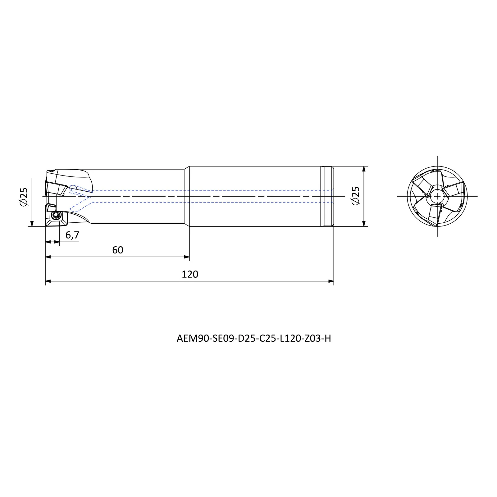 AEM90-SE09-D25-C25-L120-Z03-H &mdash; dimensioned drawing