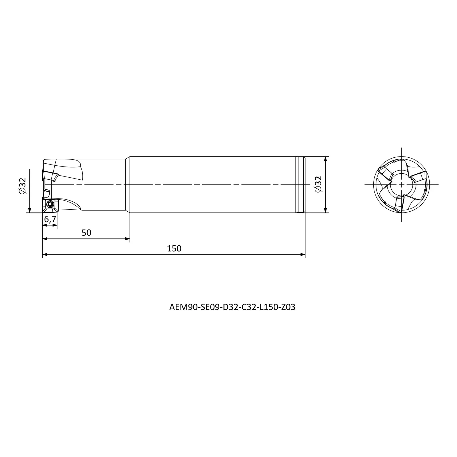 AEM90-SE09-D32-C32-L150-Z03 &mdash; dimensioned drawing