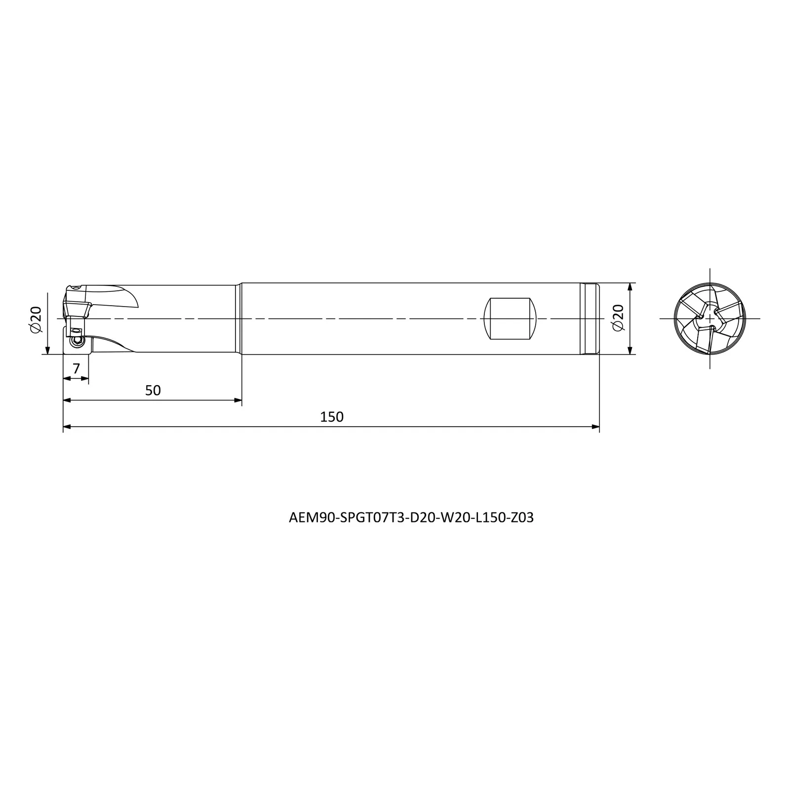 AEM90-SPGT07T3-D20-W20-L150-Z03 &mdash; dimensioned drawing