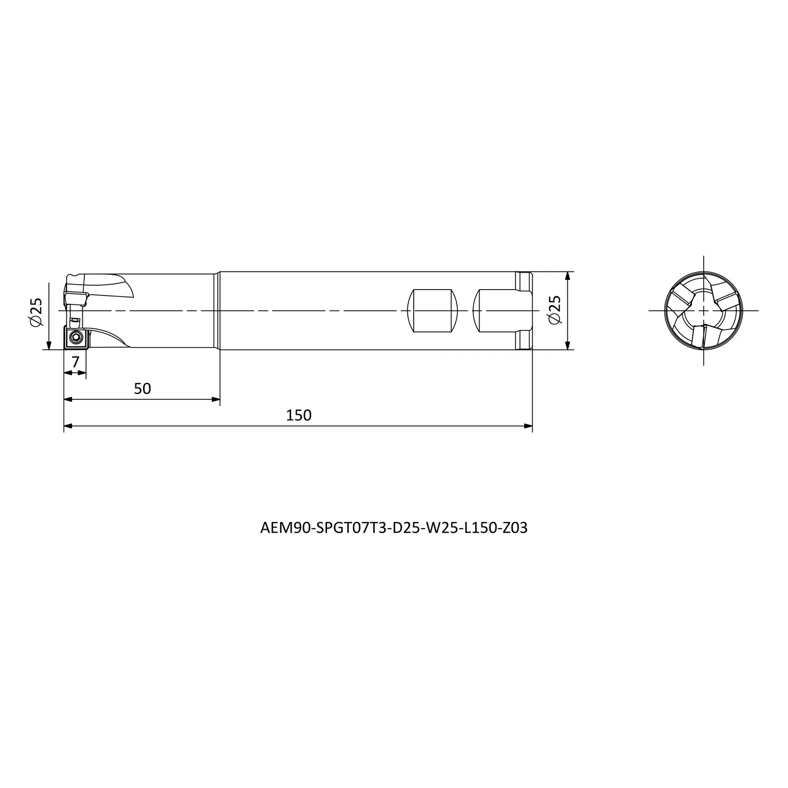 AEM90-SPGT07T3-D25-W25-L150-Z03 &mdash; dimensioned drawing