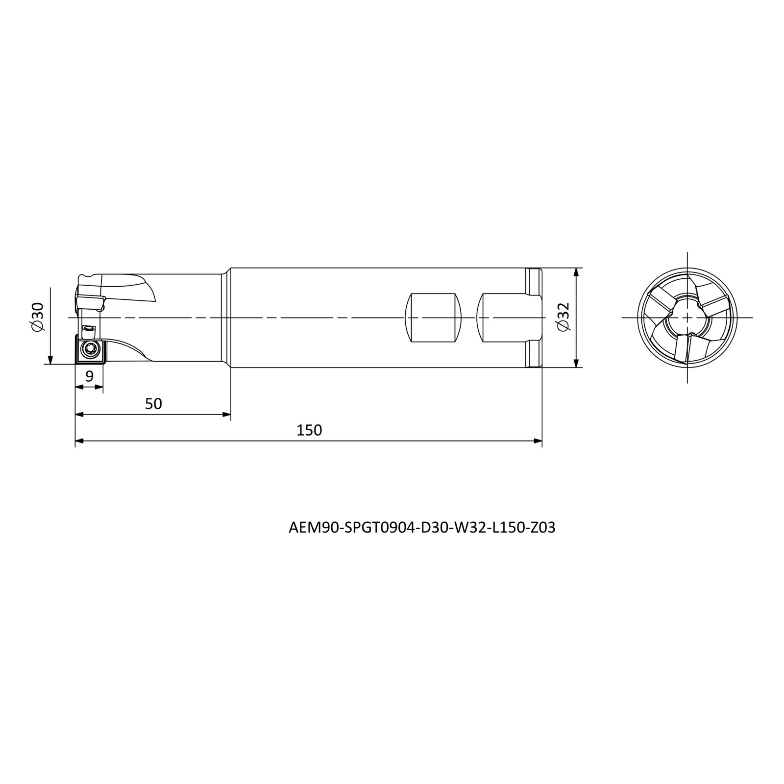 AEM90-SPGT0904-D30-W32-L150-Z03 &mdash; dimensioned drawing