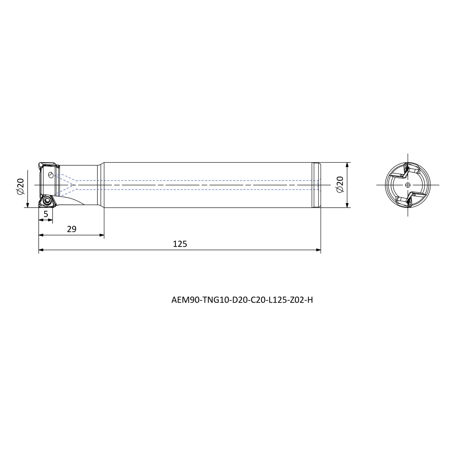 AEM90-TNG10-D20-C20-L125-Z02-H &mdash; dimensioned drawing