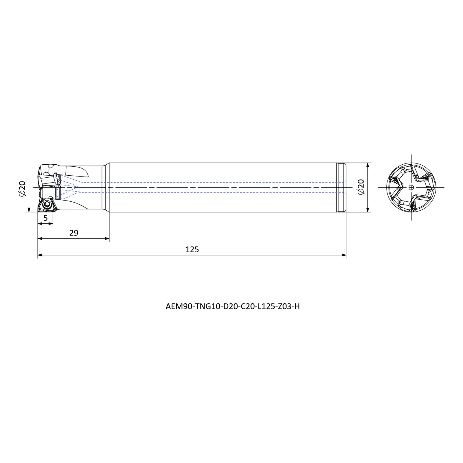AEM90-TNG10-D20-C20-L125-Z03-H &mdash; dimensioned drawing